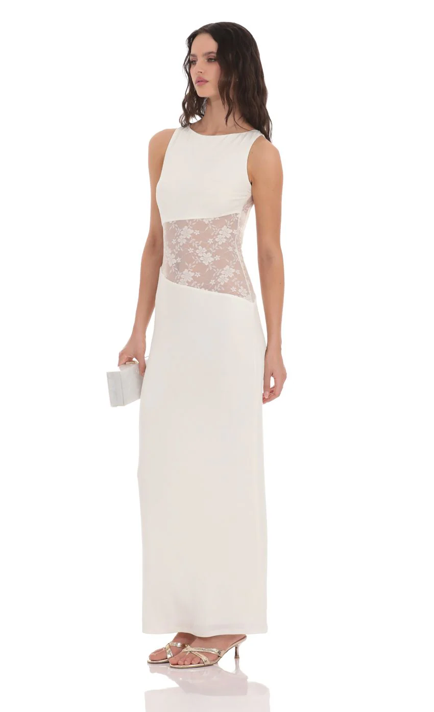 Lace Cutout Maxi Dress in White