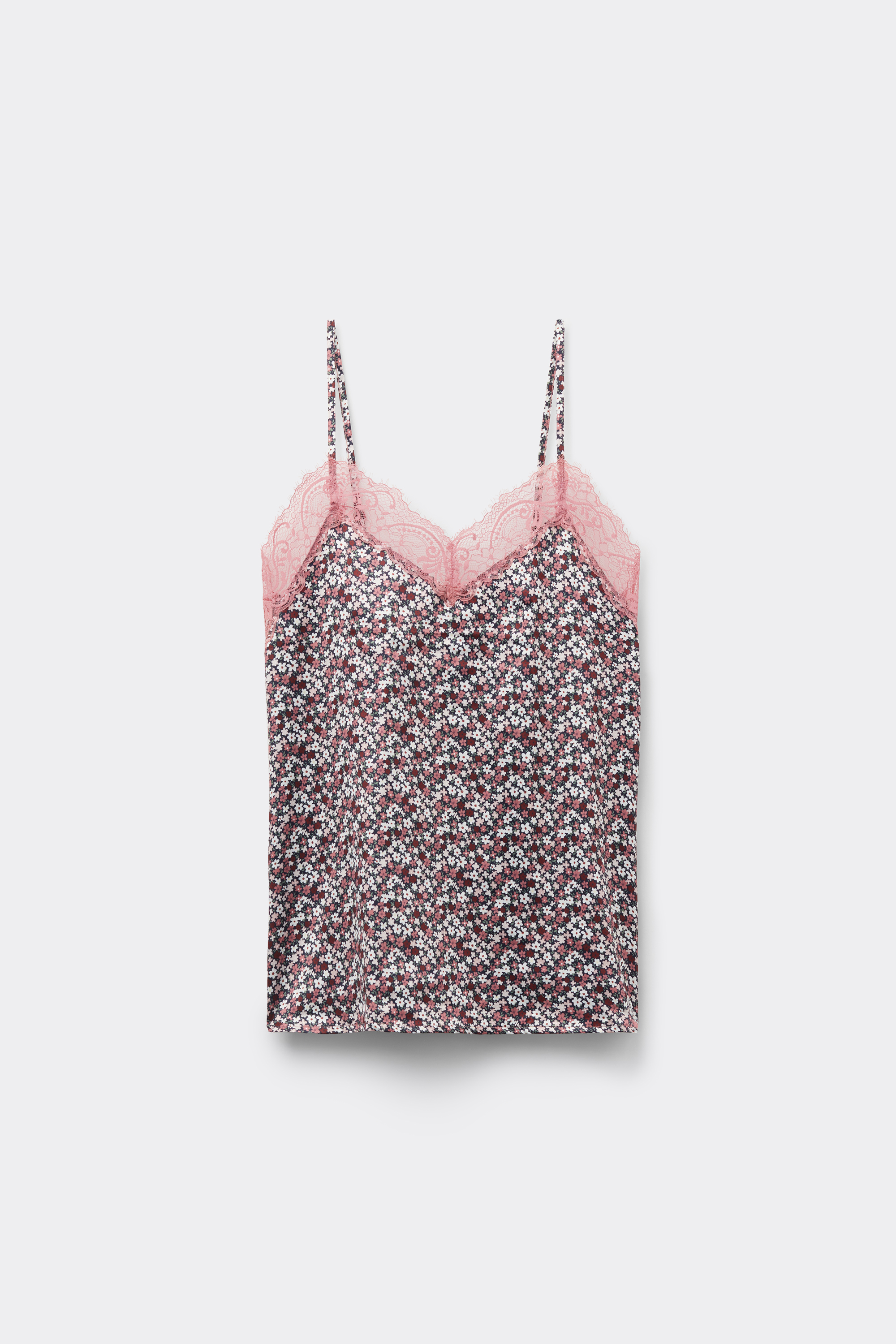 Printed Satin and Lace Camisole with Narrow Shoulder Straps