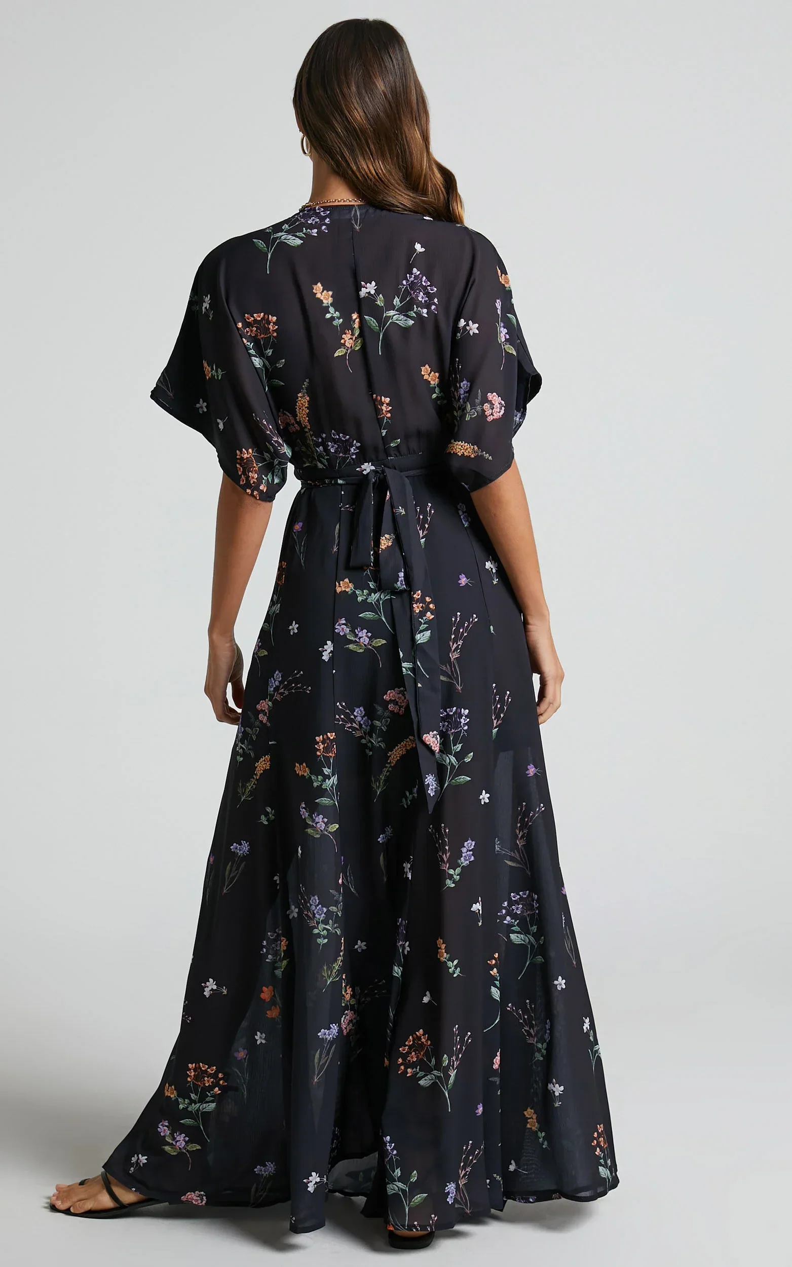 Erenza Maxi Dress - Extended Sleeve Wrap Dress in Black Flower Field