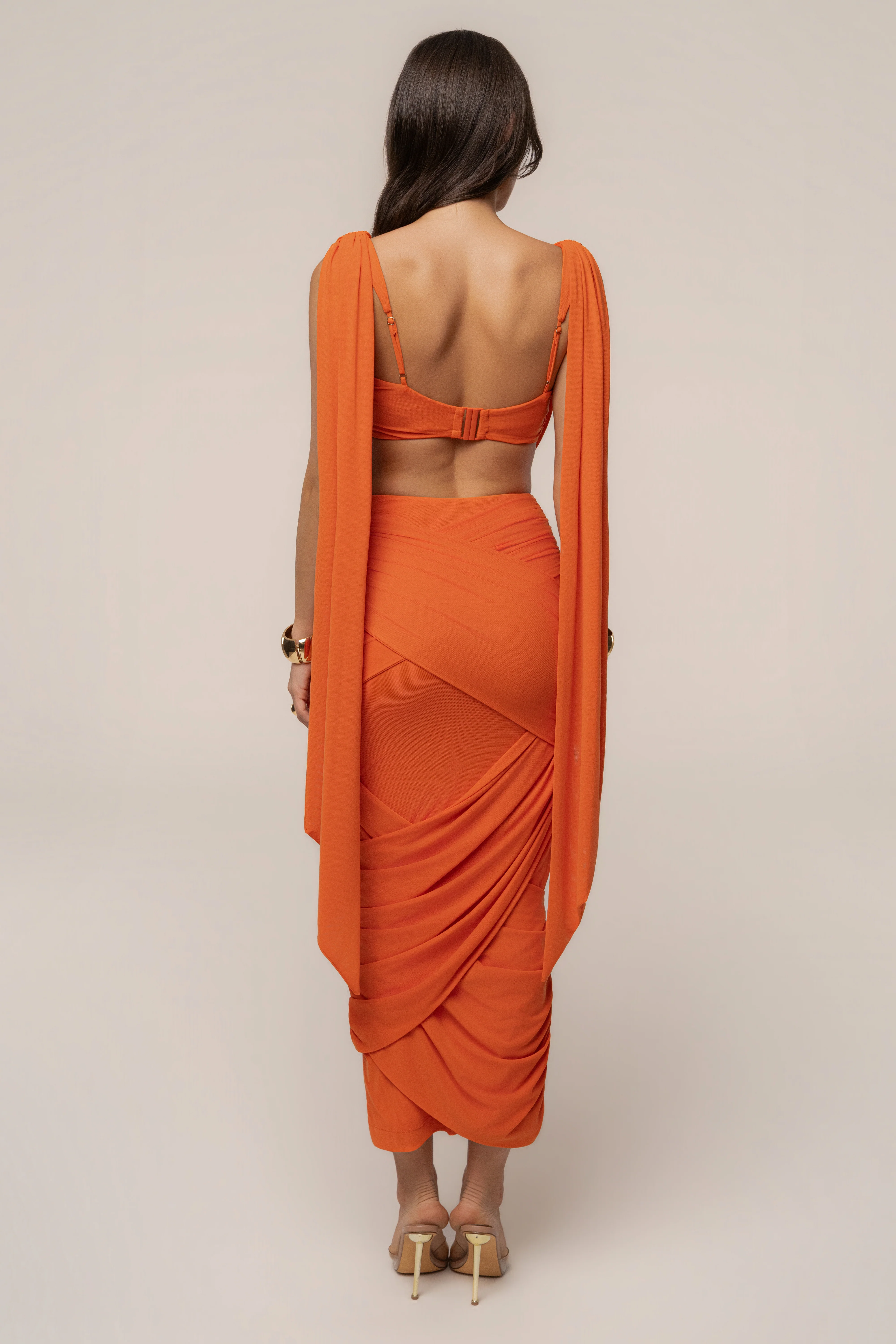 Orange Divine Drape Mesh Skirt Set