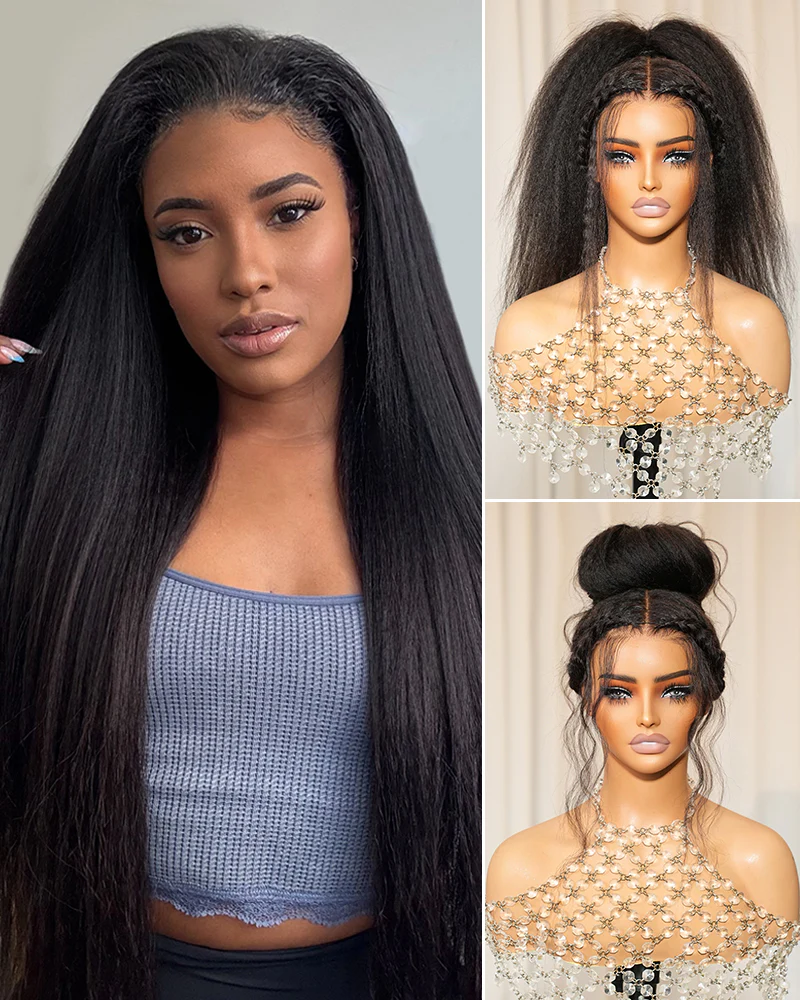 Ophirawig 3D Lace Half Wig Yaki Straight With Finger Coil Ends Wig Natural Black Breathable & Security