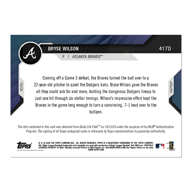 On-Card Auto-Relic # to 10 - Bryse Wilson - MLB TOPPS NOW® Card 417D