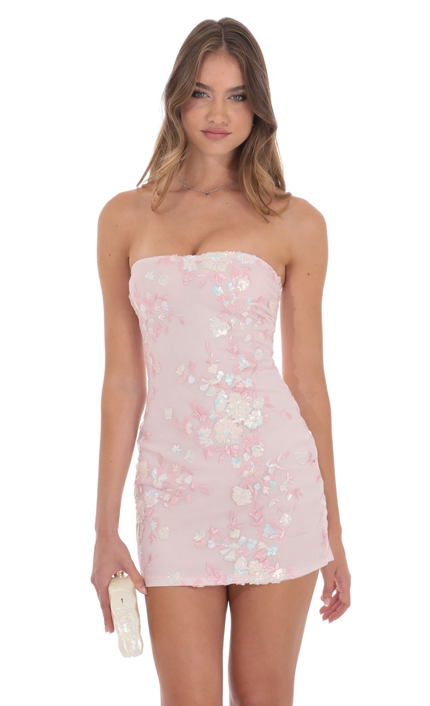 Strapless Floral Sequin Bodycon Dress - Pink