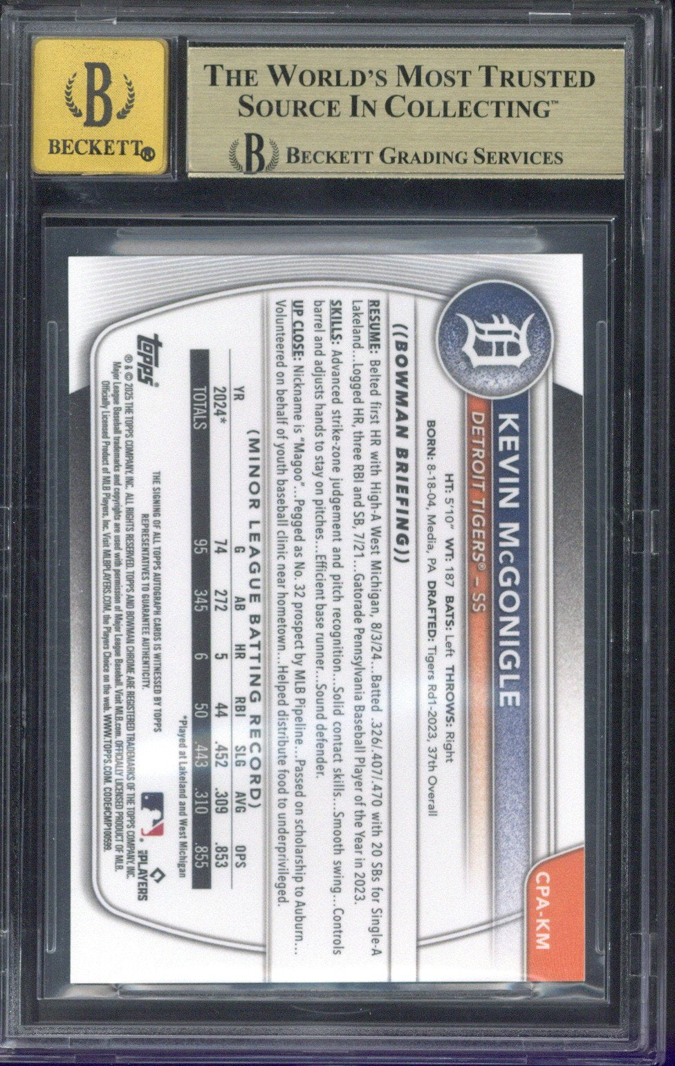 2025 Topps Bowman Chrome Kevin McGonigle Autograph /250 CPA-KM BGS 9.5 AUTO 10