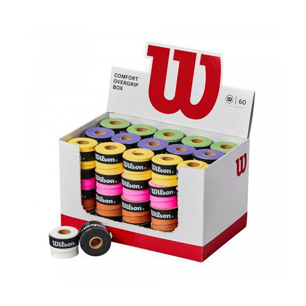 BOX OF 60 WILSON OVERGRIPS IN A VARIETY OF COLOURS