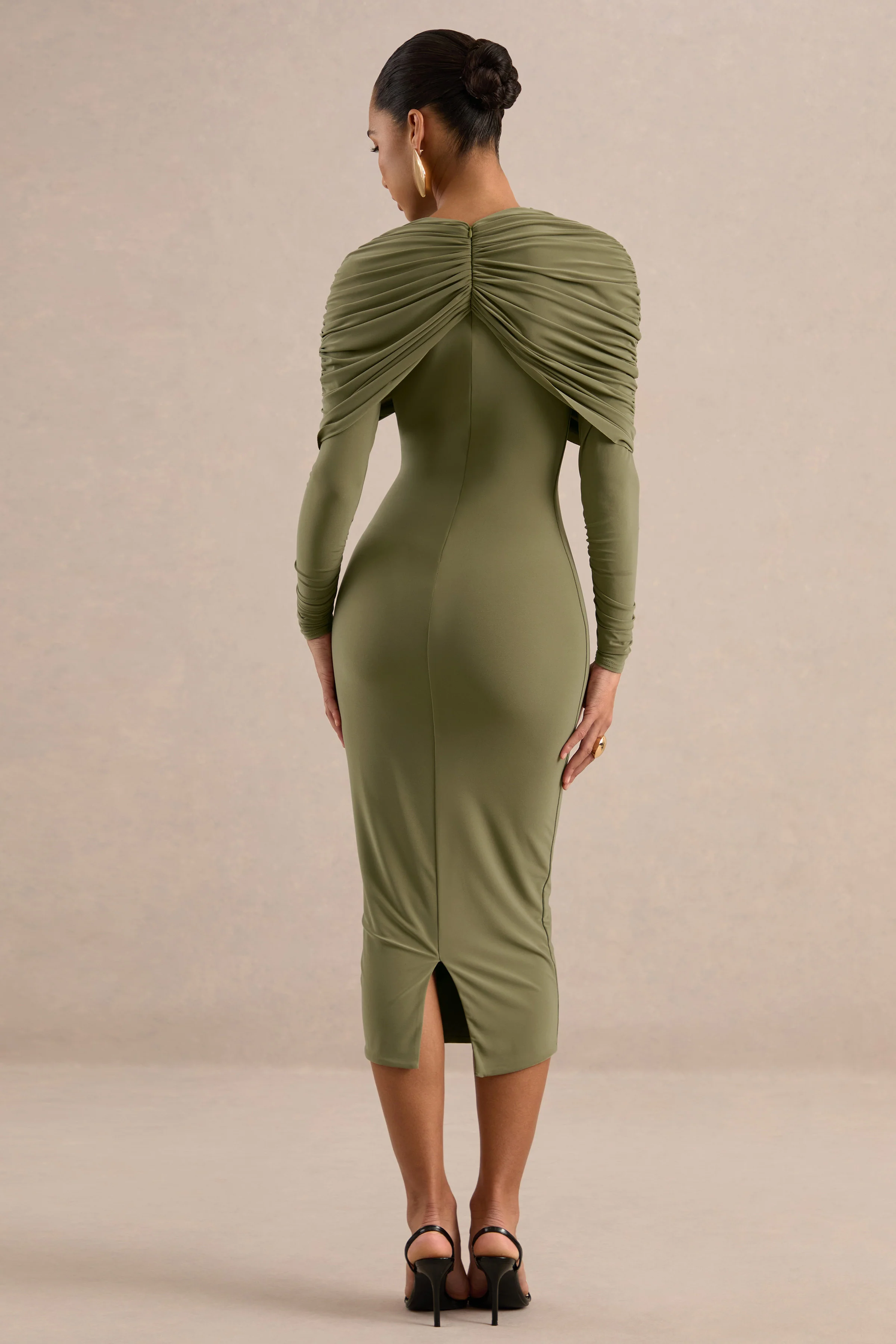 Delaria | Olive Jersey Round Neck Twisted Long Sleeve Midi Dress With Gathered Detail And Back Split