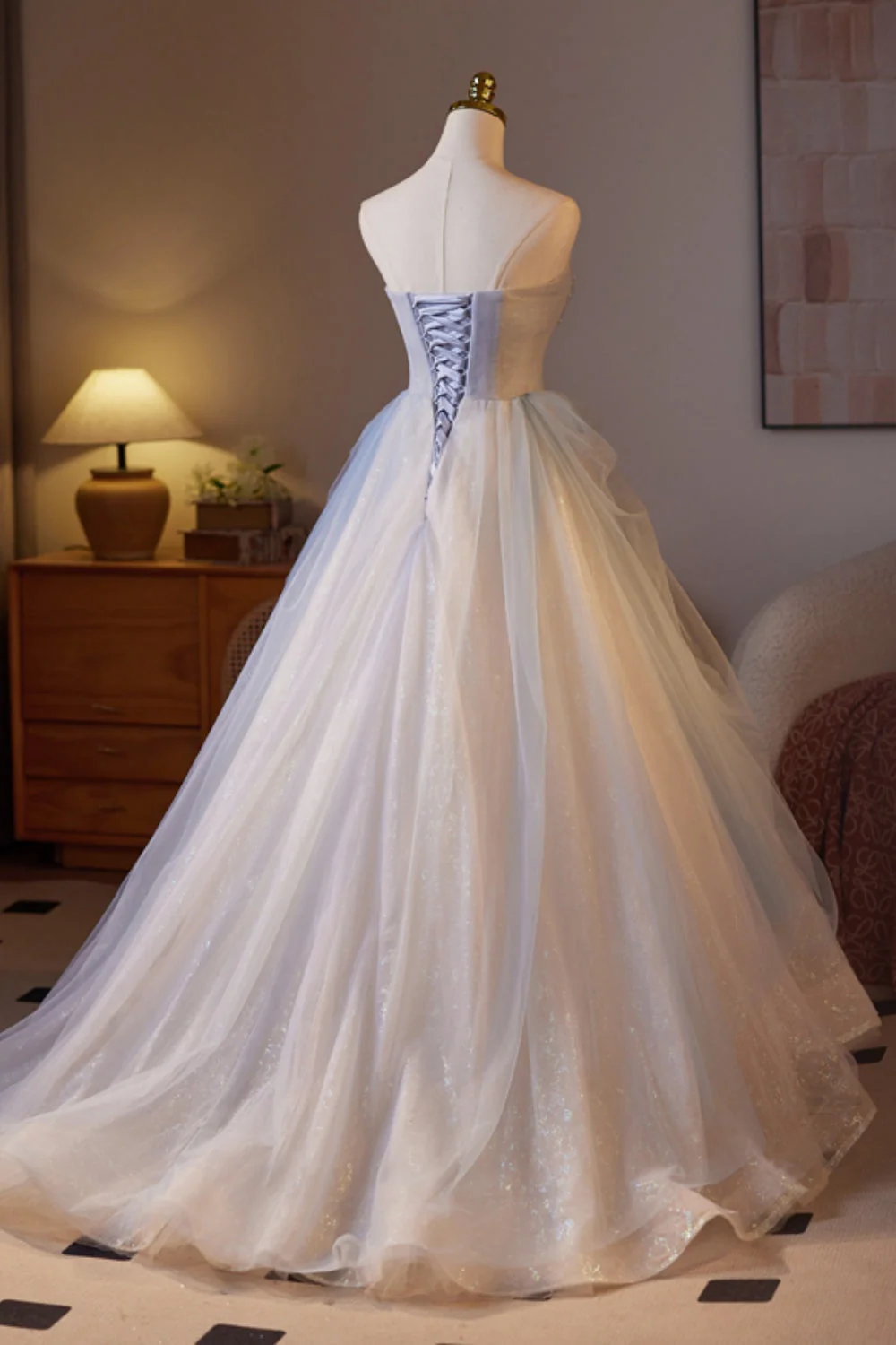 Sweetheart Champagne and Blue Tulle A-line Long Formal Gown
