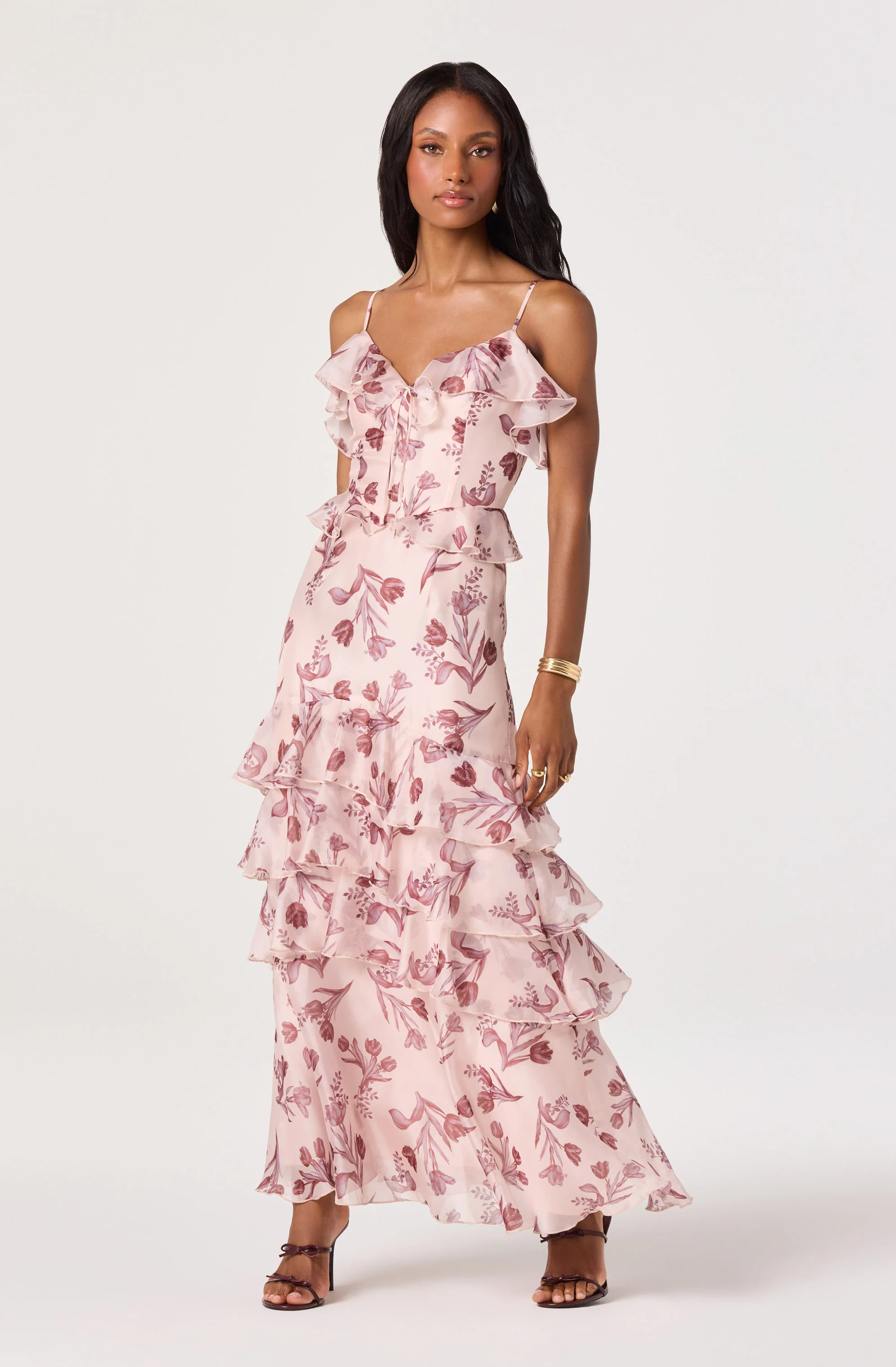 Emiliana V-Neck Ruffle Satin Maxi Dress