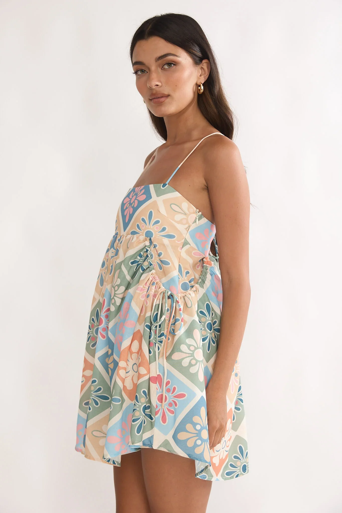 Terenza Tied Back Baby Doll Mini Dress Green Multi