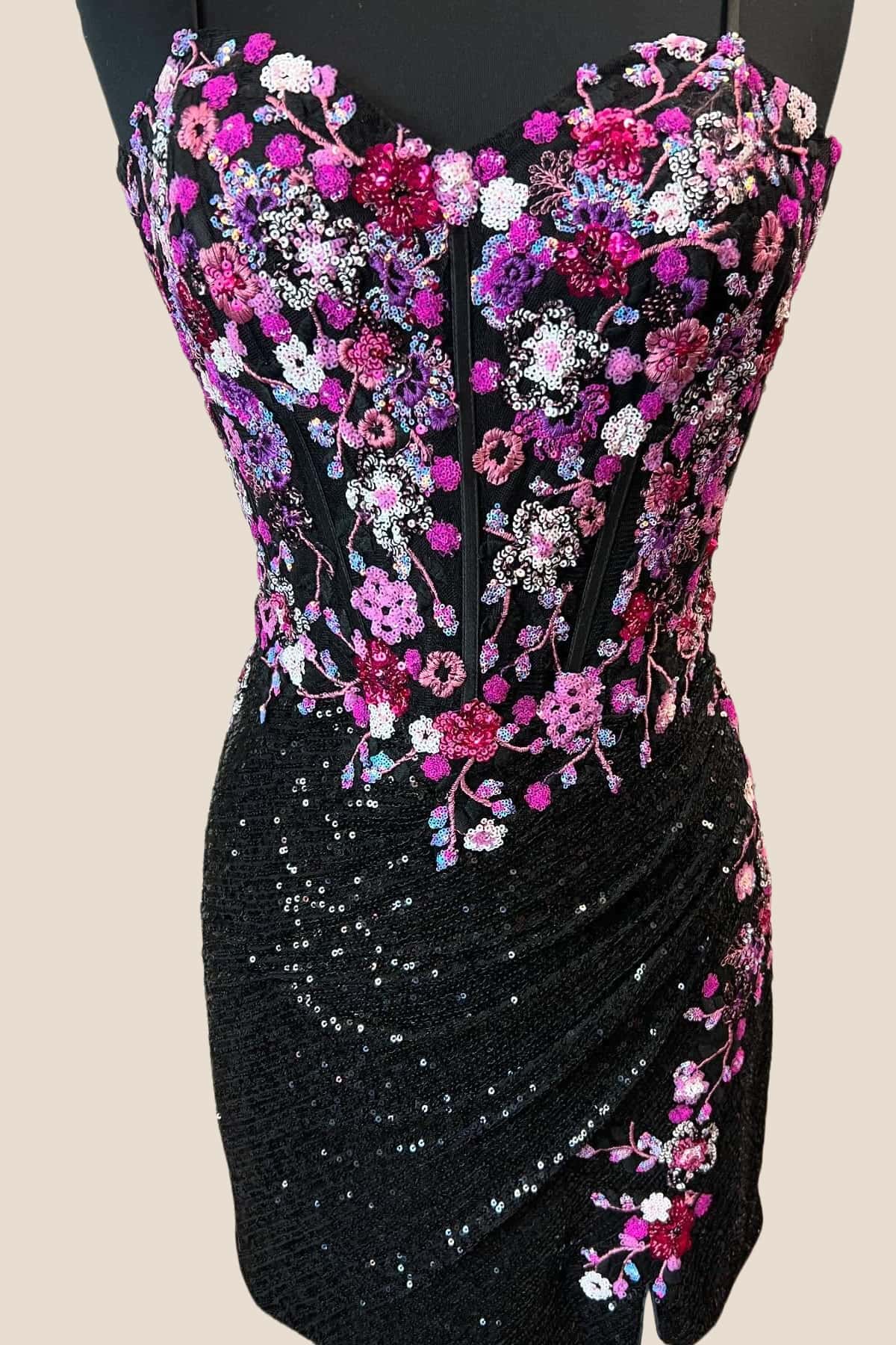 Fuchsia Sequin Embroidered Tight Short Dress