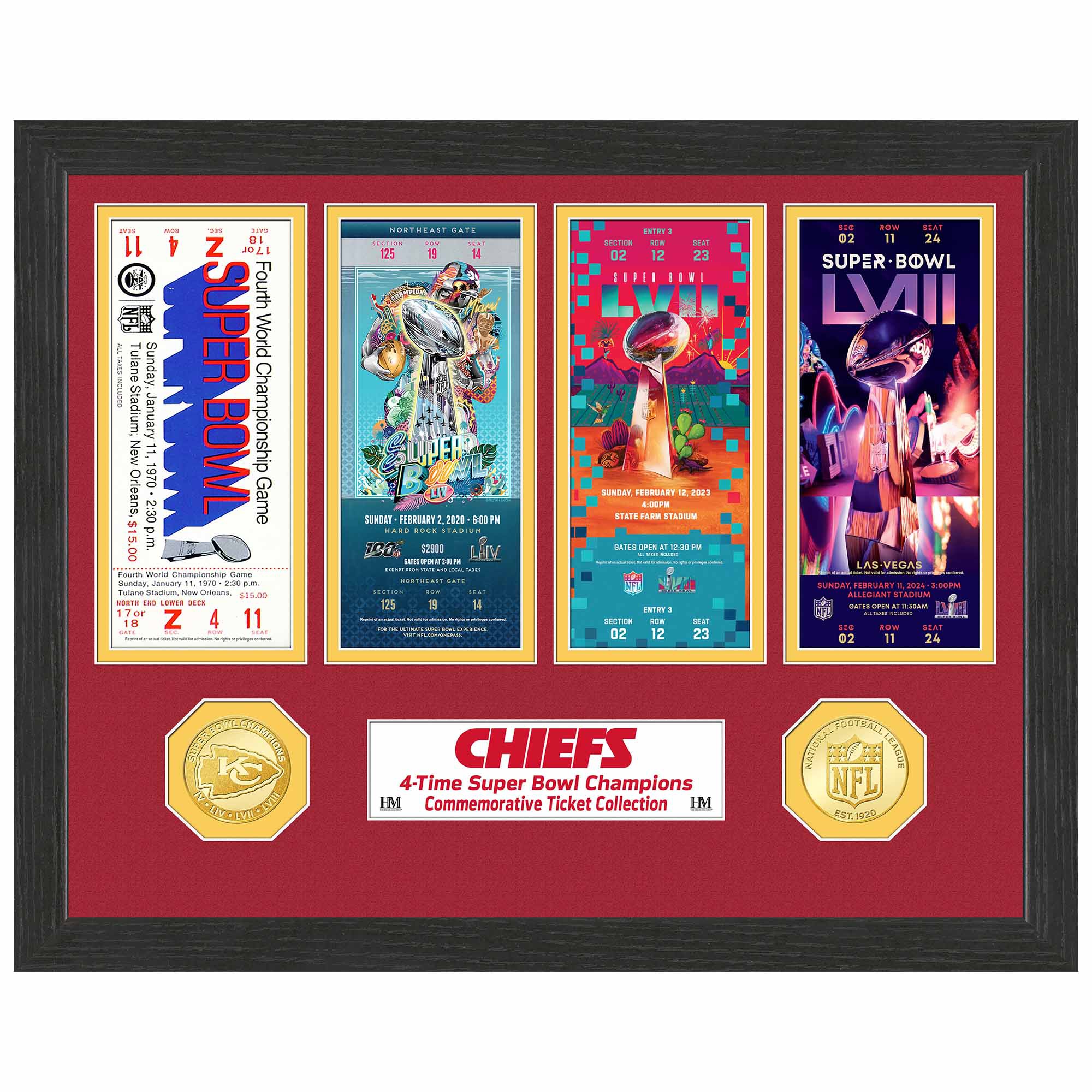 Kansas City Chiefs 4-Time Champion Super Bowl Tickets Bronze Coins Framed NFL Photo