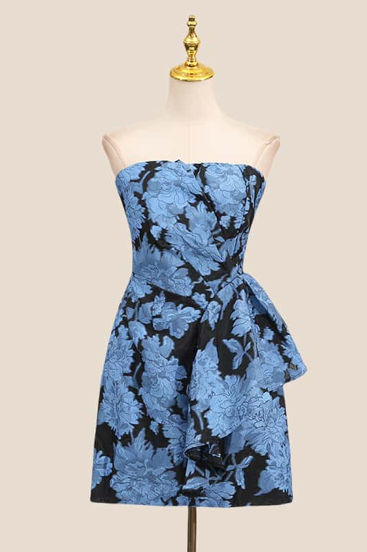 Strapless Blue Floral Ruched Short Dress