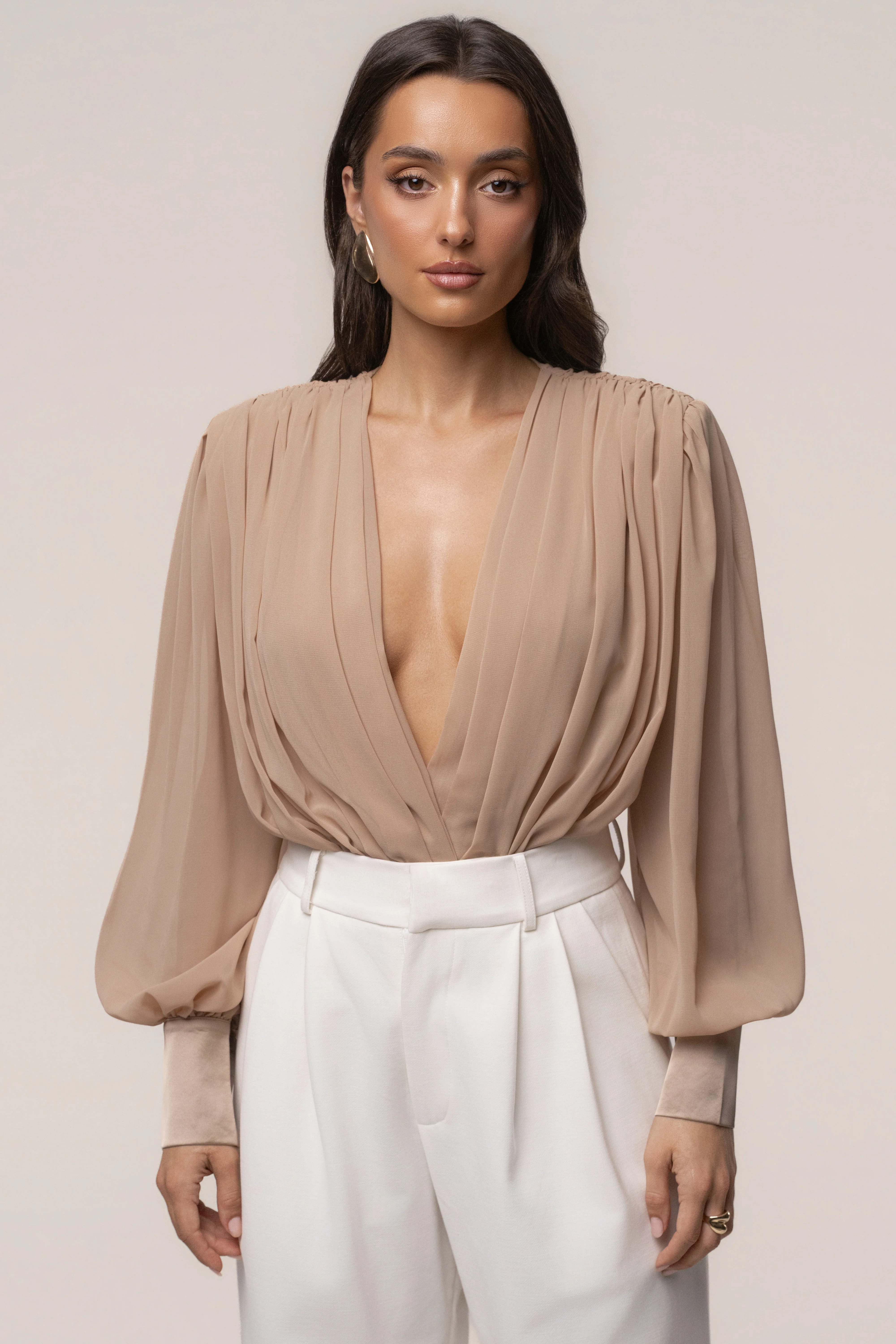 Tan Refined Pleated Chiffon Top