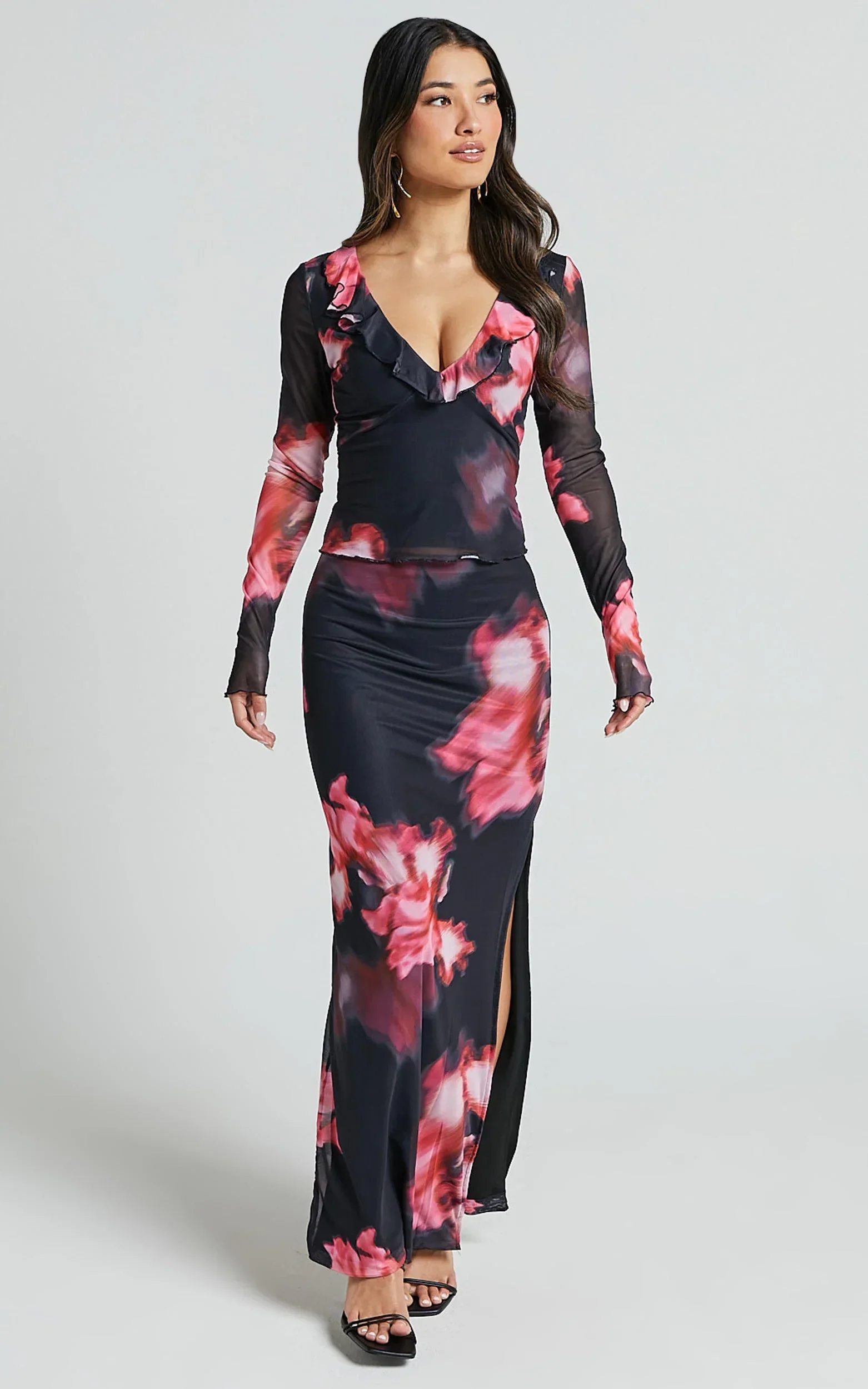 Chrishelle Top - Long Sleeve Frill Detail Mesh Top in Daze Print