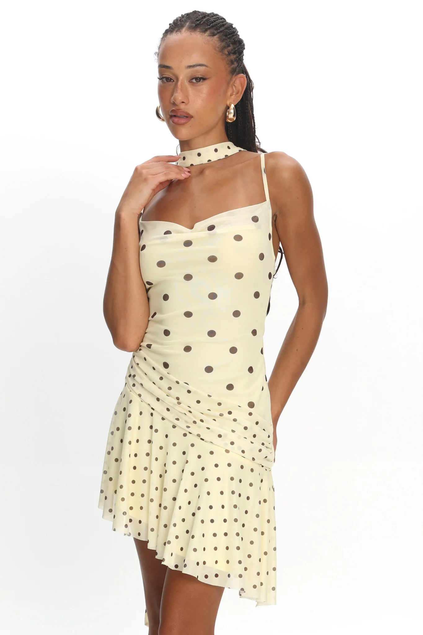 Anaisa Asymmetric Hem Mini Dress Polka Dot Butter