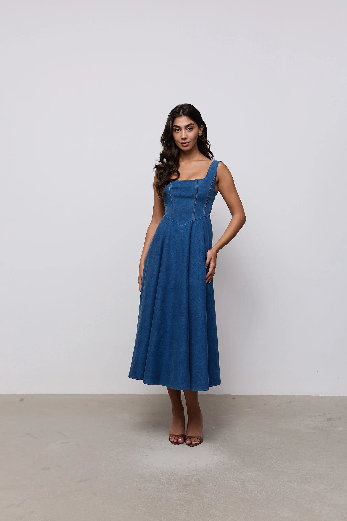 Cotton Mix Denim Square Neck Midi Dress