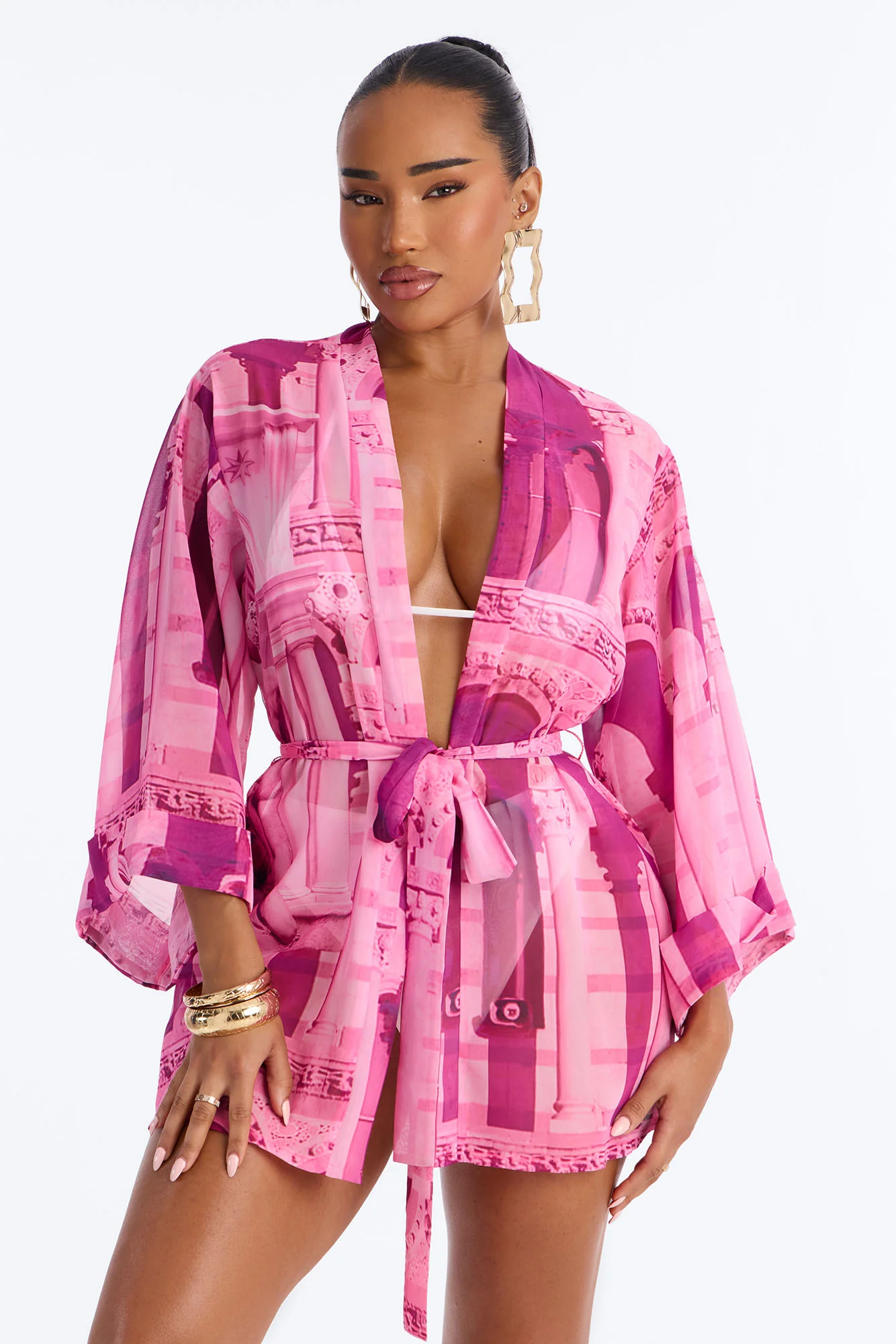Enjoy The Waves Novelty Swim Cover Up Kimono - Pink