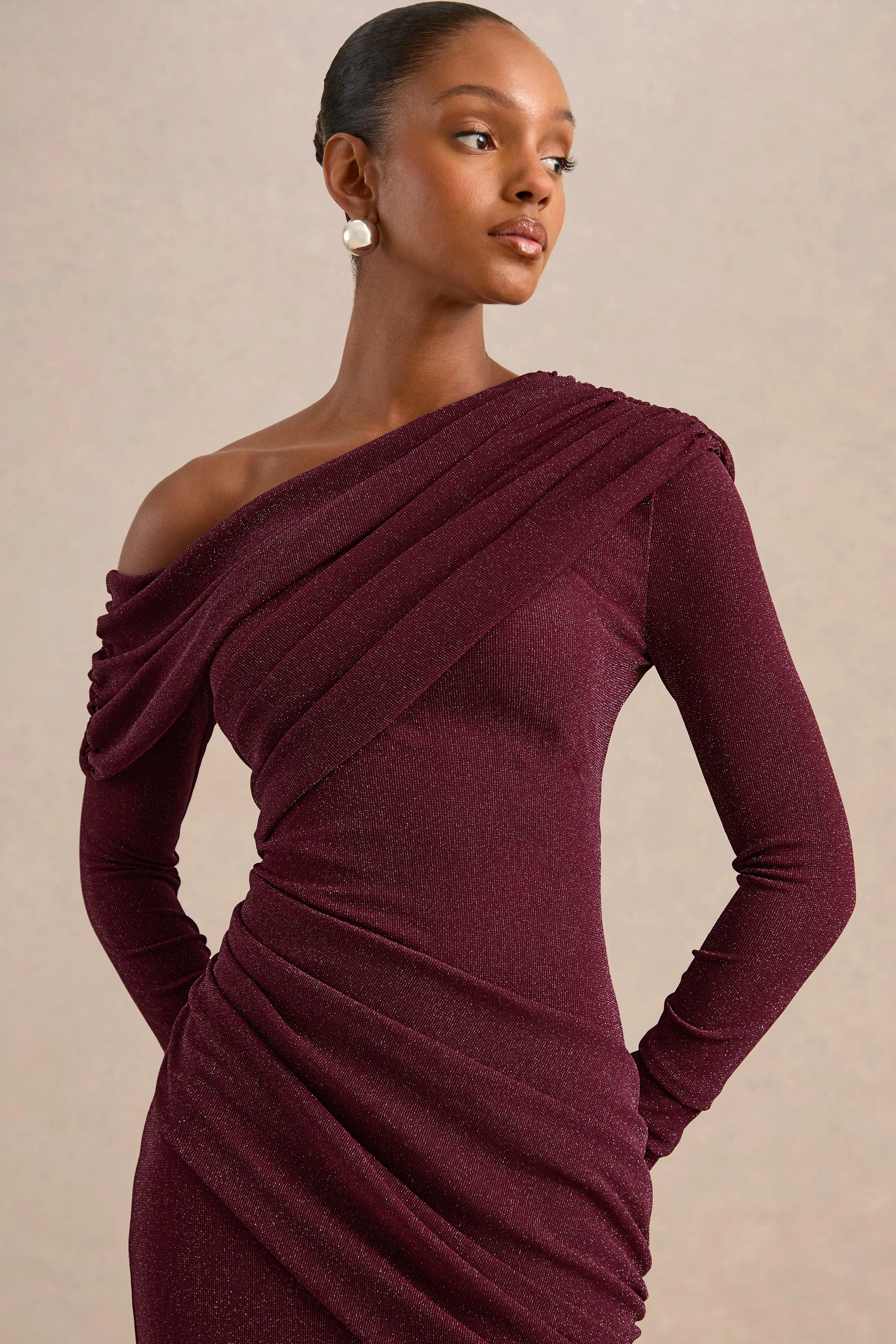 Annemarie | Burgundy Mesh One Shoulder Long Sleeve Maxi Dress With Ruching