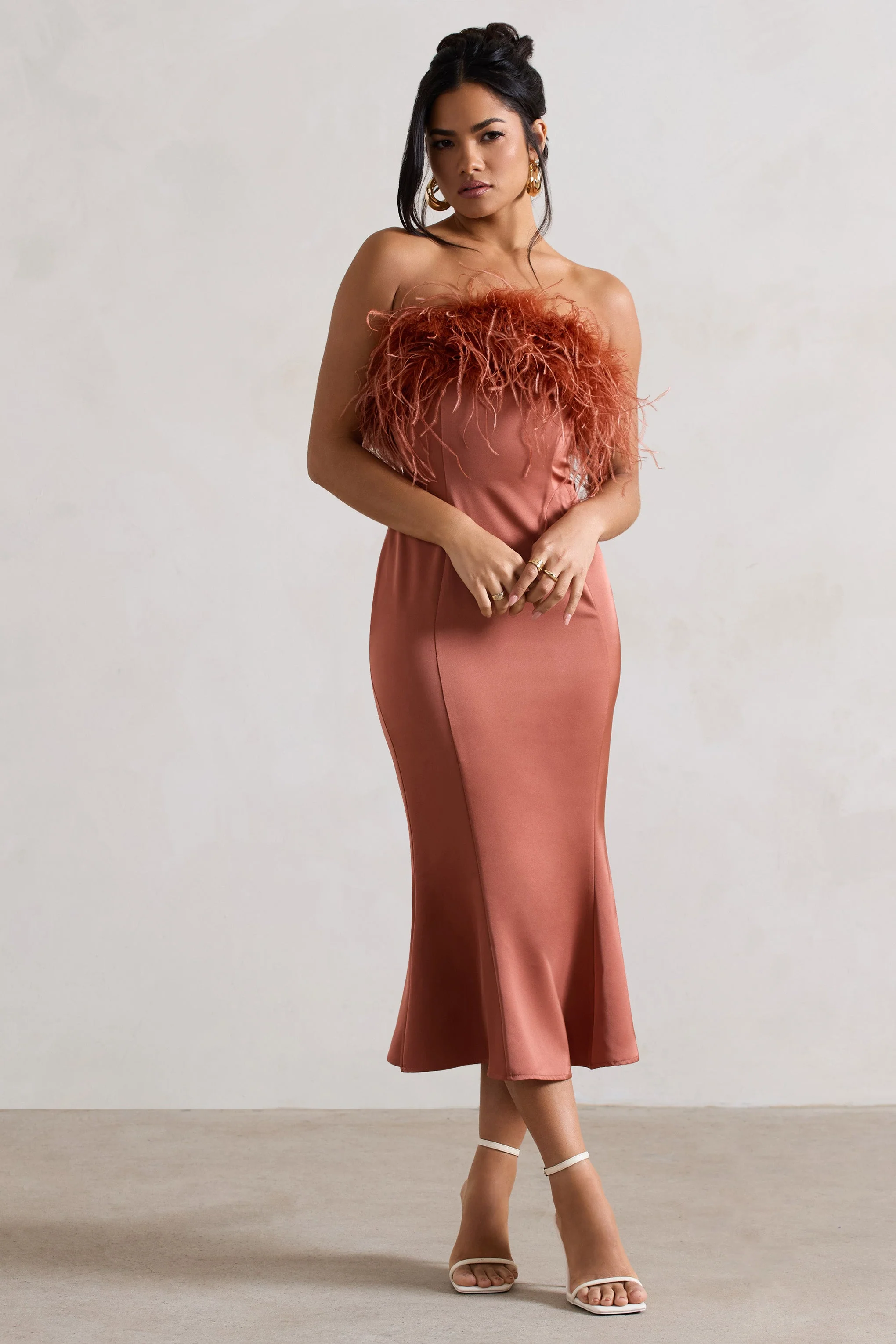 One And Only | Rust Satin Feather Trim Bandeau Midi Dress