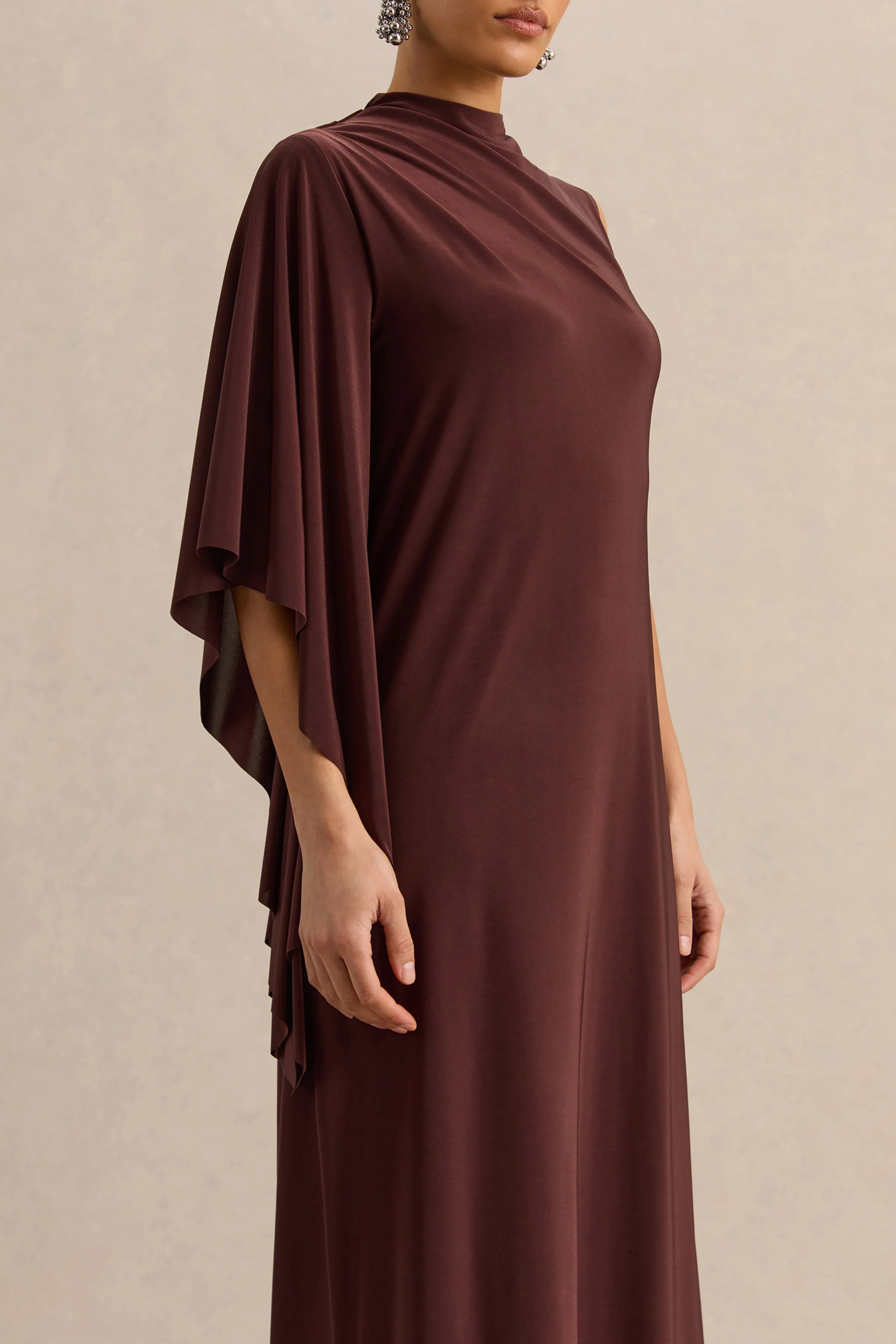 Marosia | Brown High-Neck Maxi Dress With Cape Sleeve