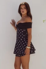 KADIE OFF SHOULDER MINI DRESS - BLACK/WHITE POLKA
