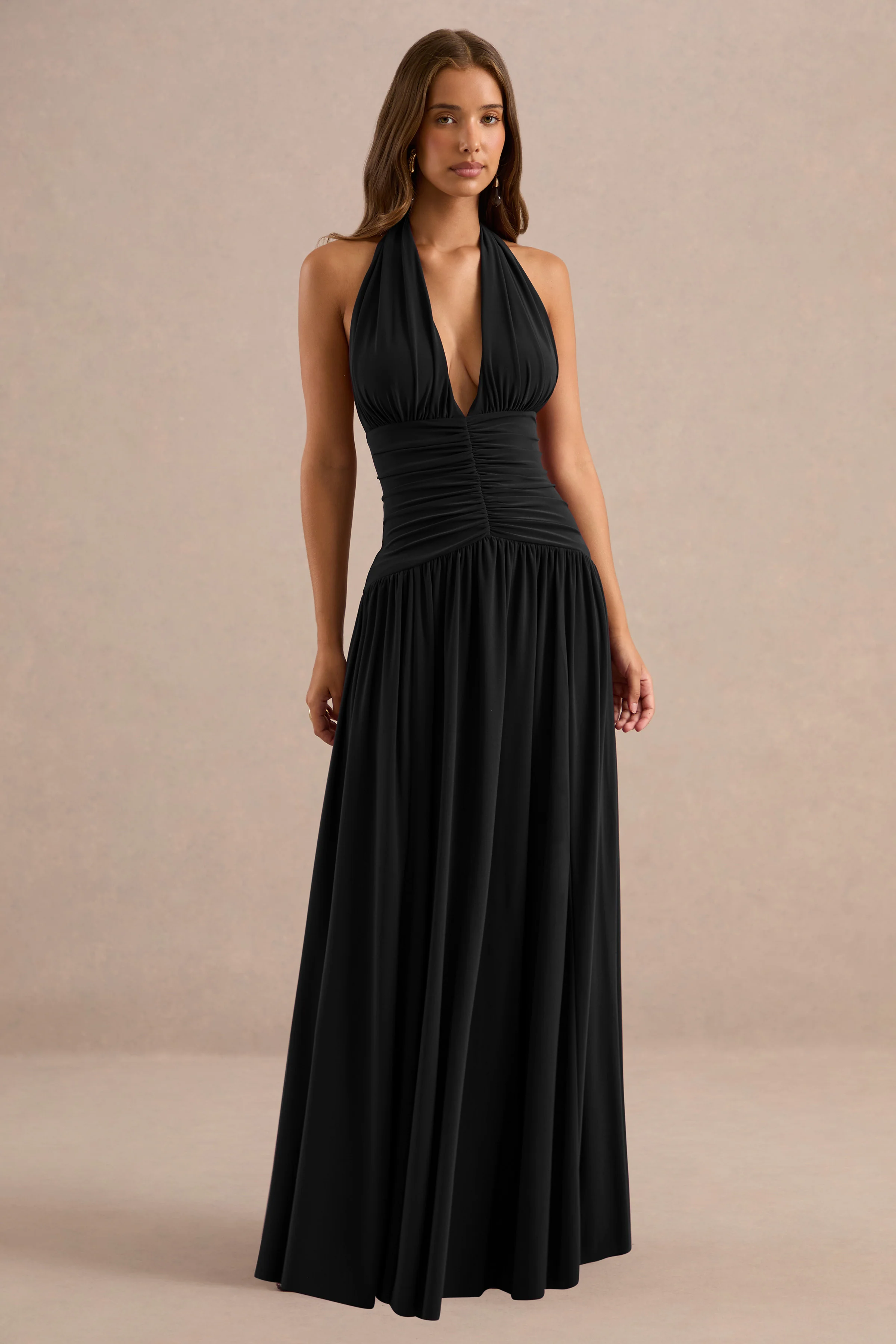 Bettina | Black Jersey Plunge Maxi Dress With Gathered Detailing And Tie Back