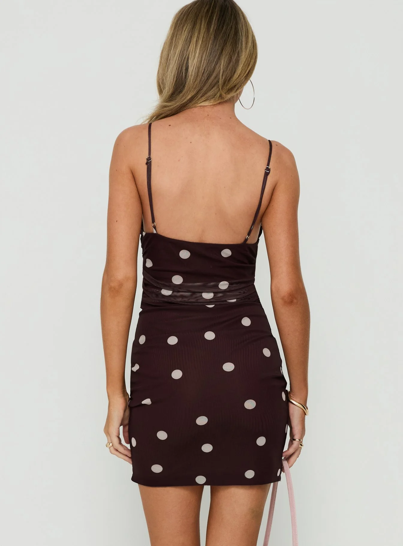 Edesia Ruched Mini Dress Chocolate Polka Dot