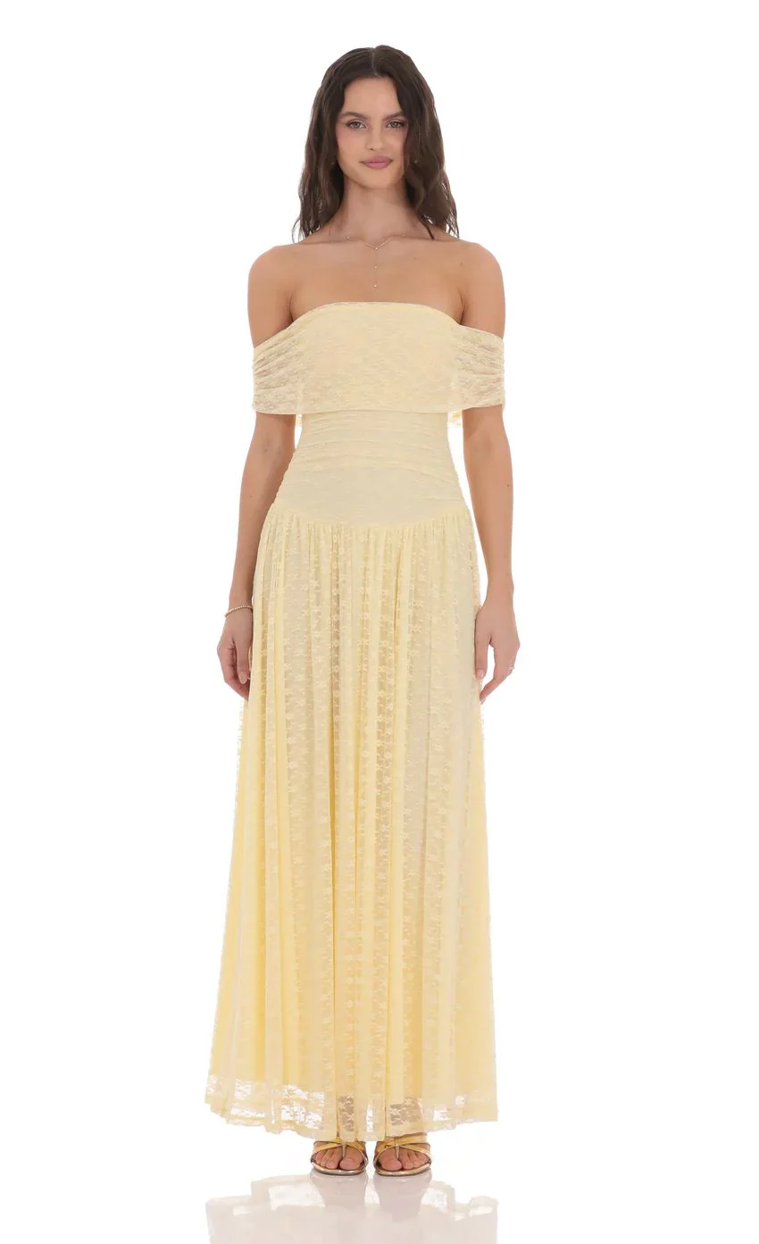 Lace Off Shoulder Maxi Dress in Yellow