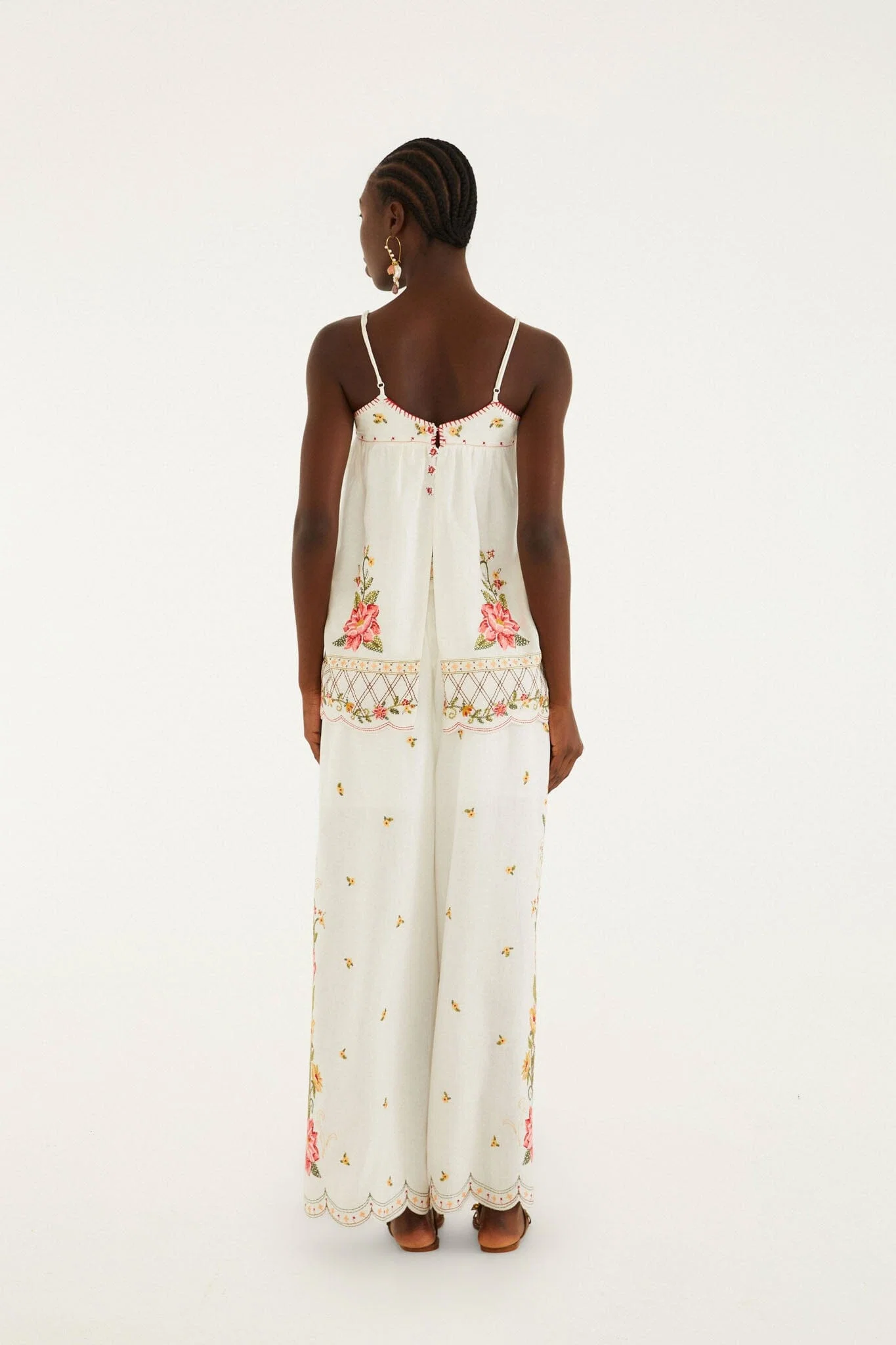 Off-White Flower Embroidery Wide-Leg Pants