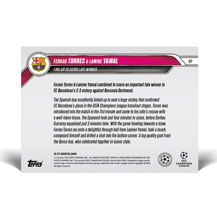 Ferran Torres & Lamine Yamal - Link-up to score late winner - 24/25 UCL Topps NOW® Card 71