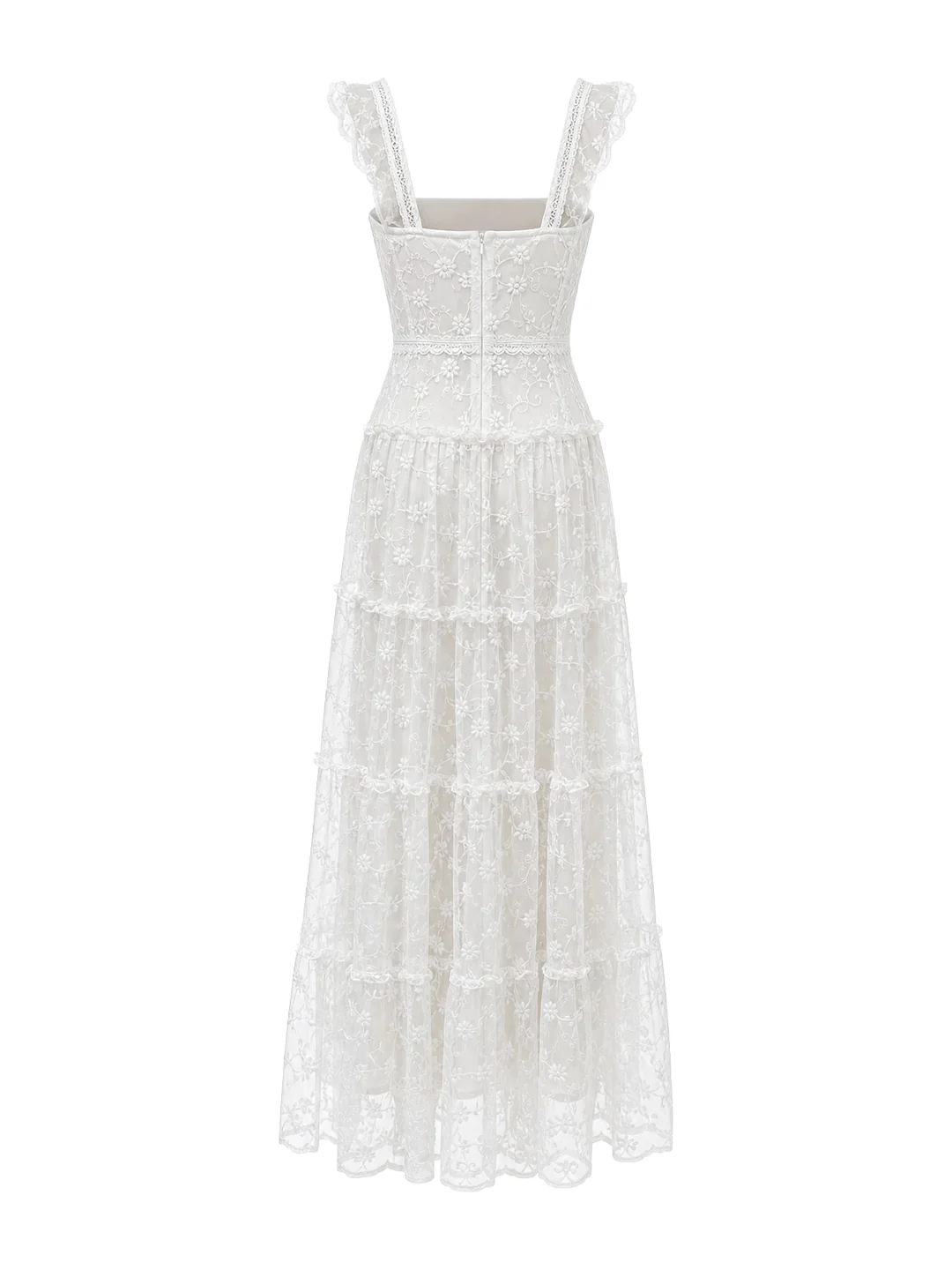 Tiered Vertical Lace Maxi Dress with Square Neckline