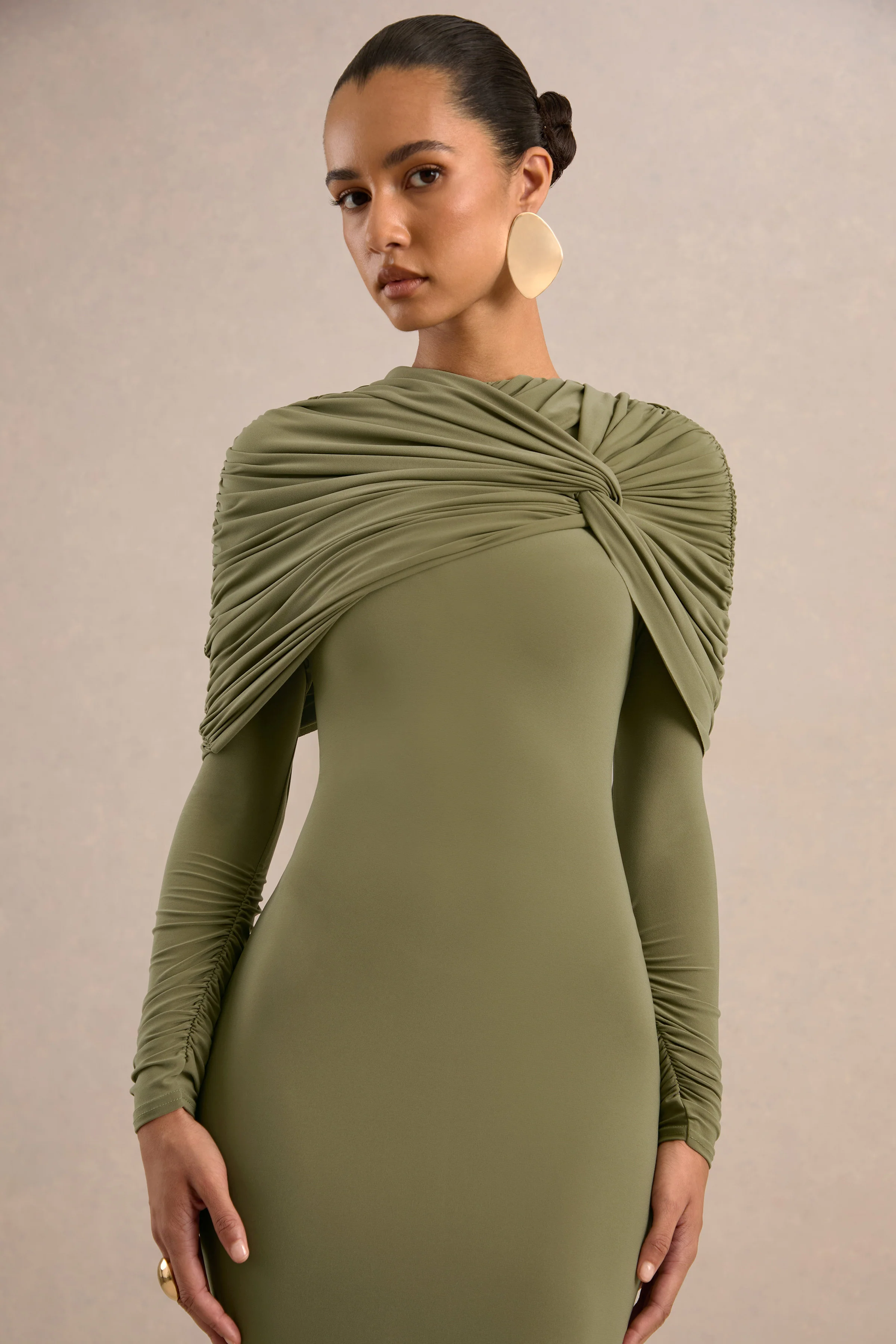 Delaria | Olive Jersey Round Neck Twisted Long Sleeve Midi Dress With Gathered Detail And Back Split