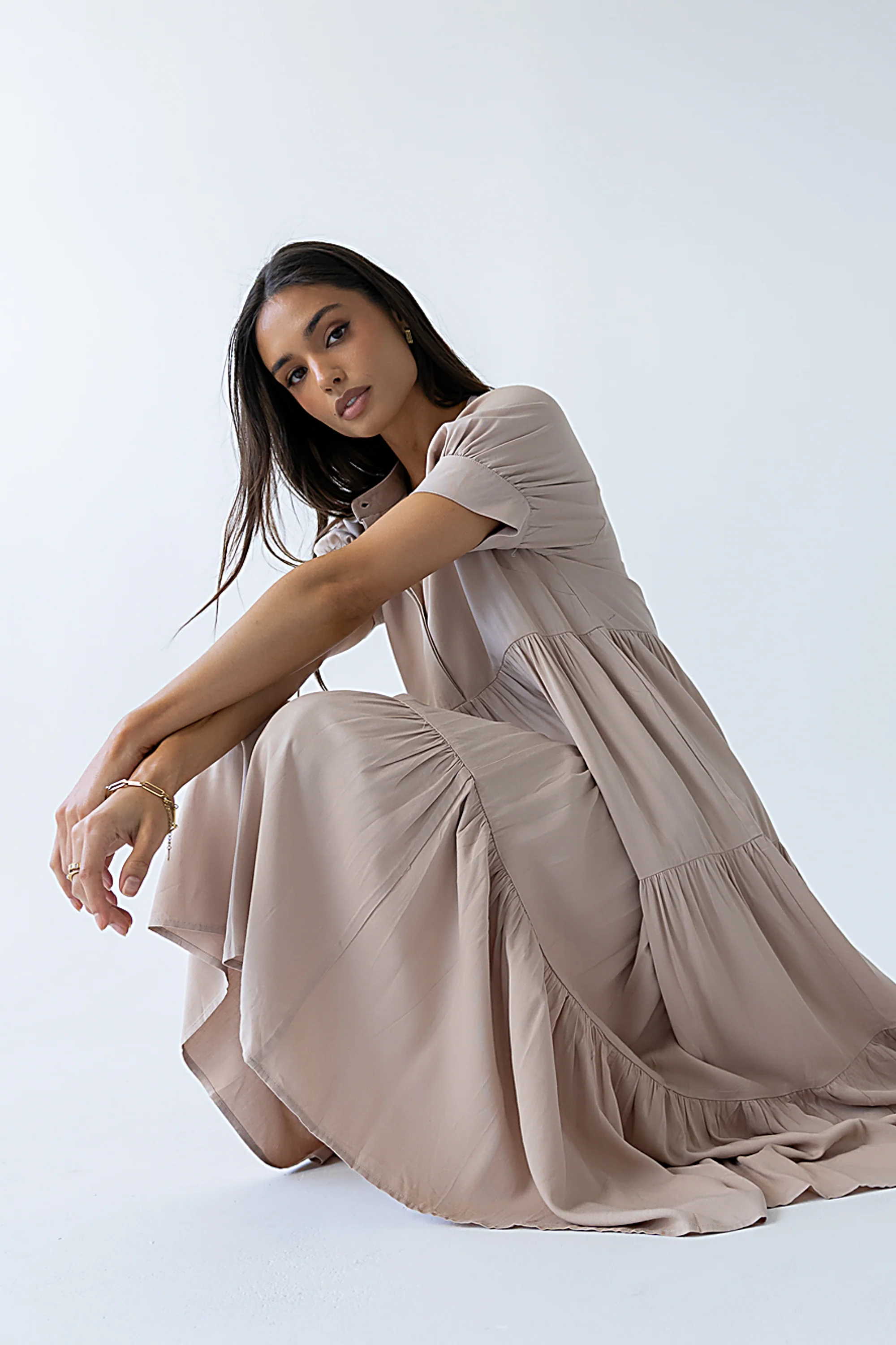 Amanda Tiered Dress in Tan
