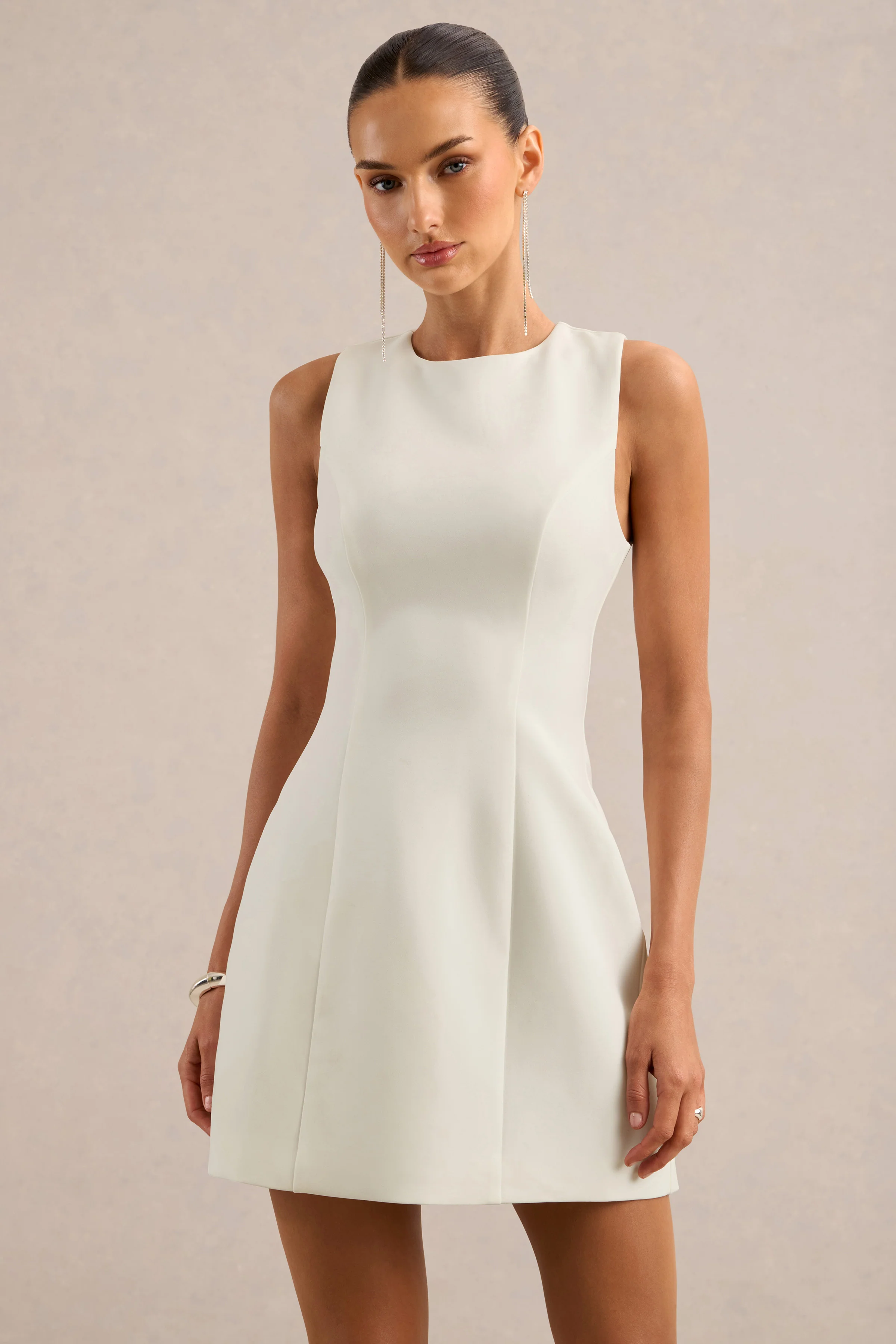 Aleta | White Round Neck Tailored Mini Dress