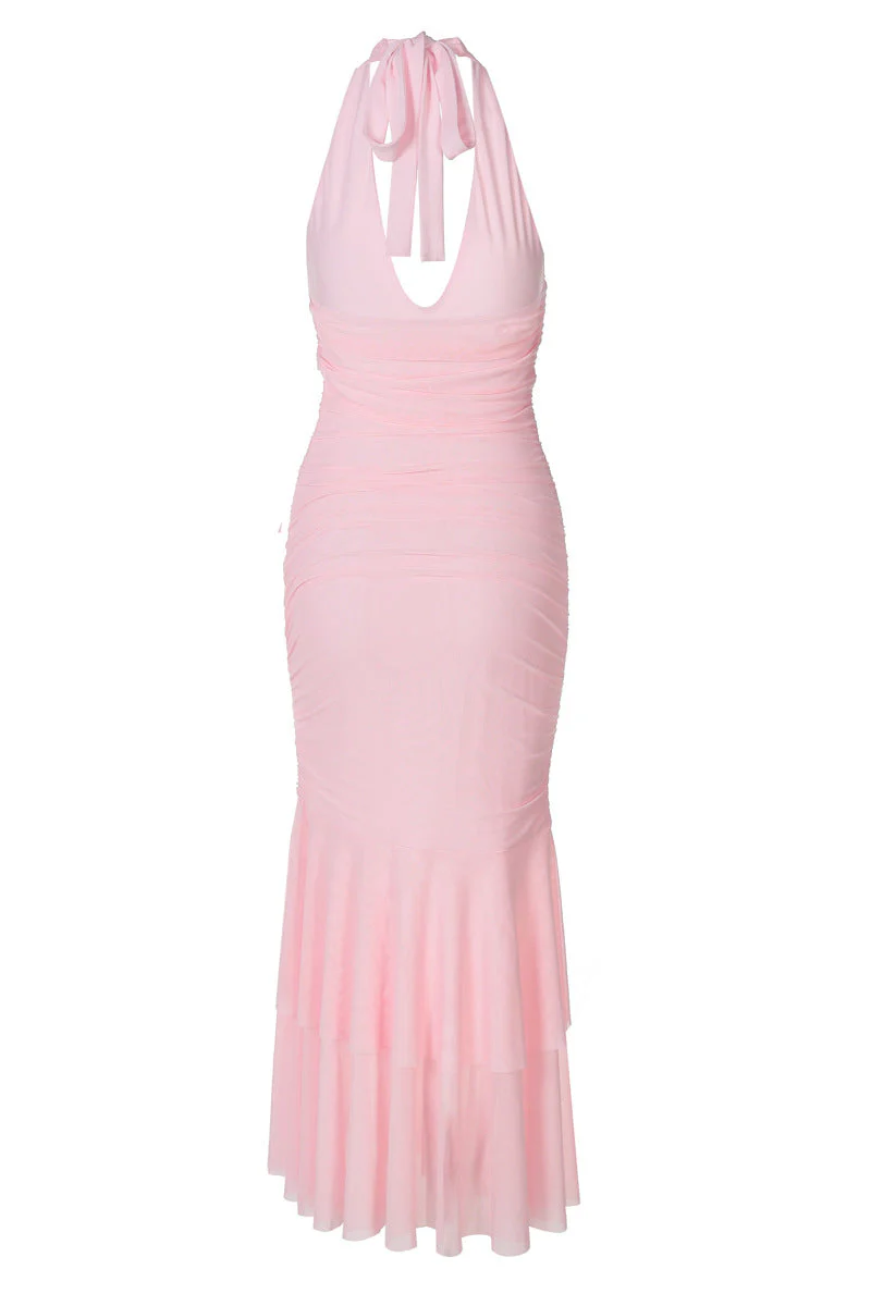 Halter Pink Ruched Tiered Long Dress