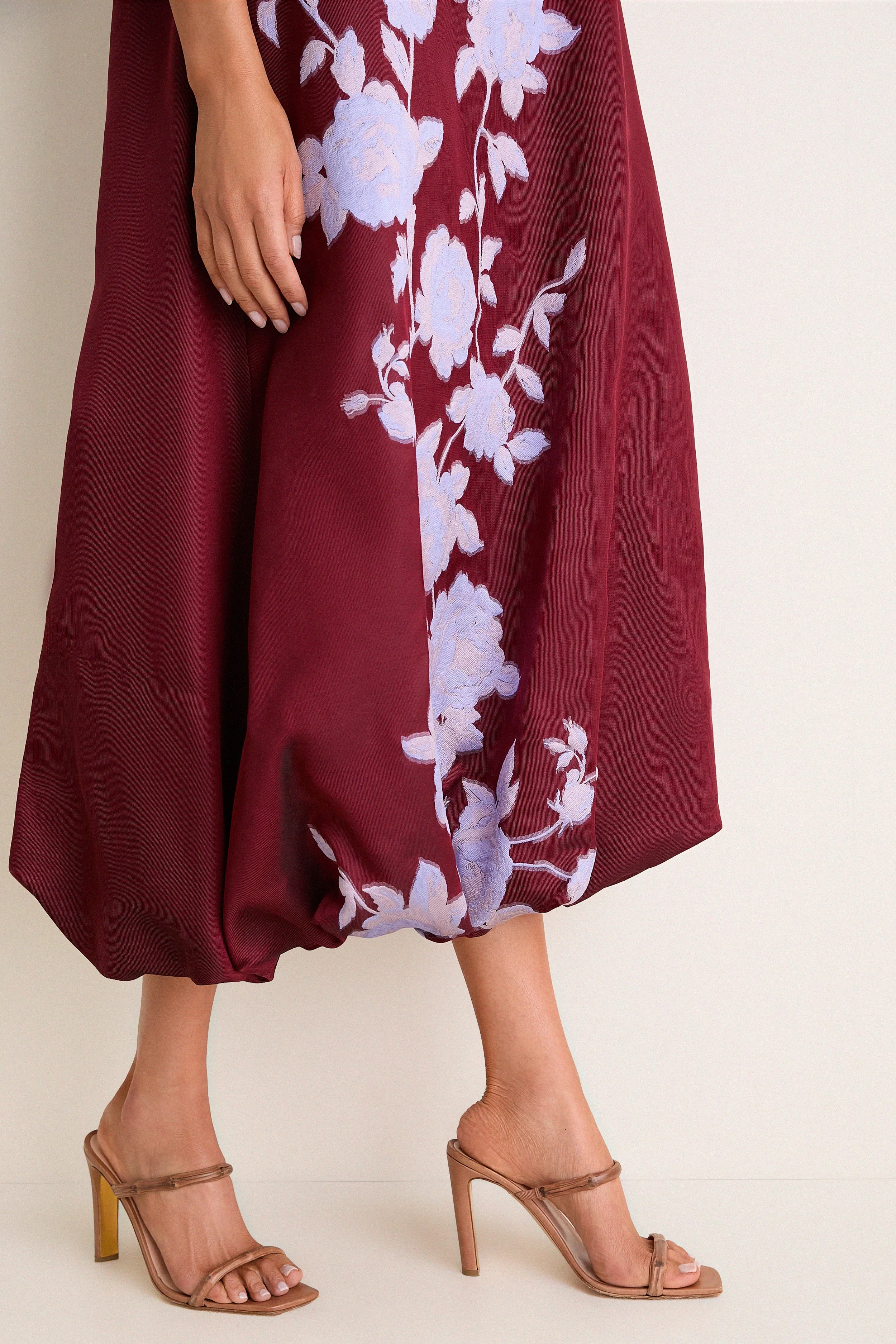 Oxblood and Lavendar Rose Fil Coupe Bubble Hem Dress