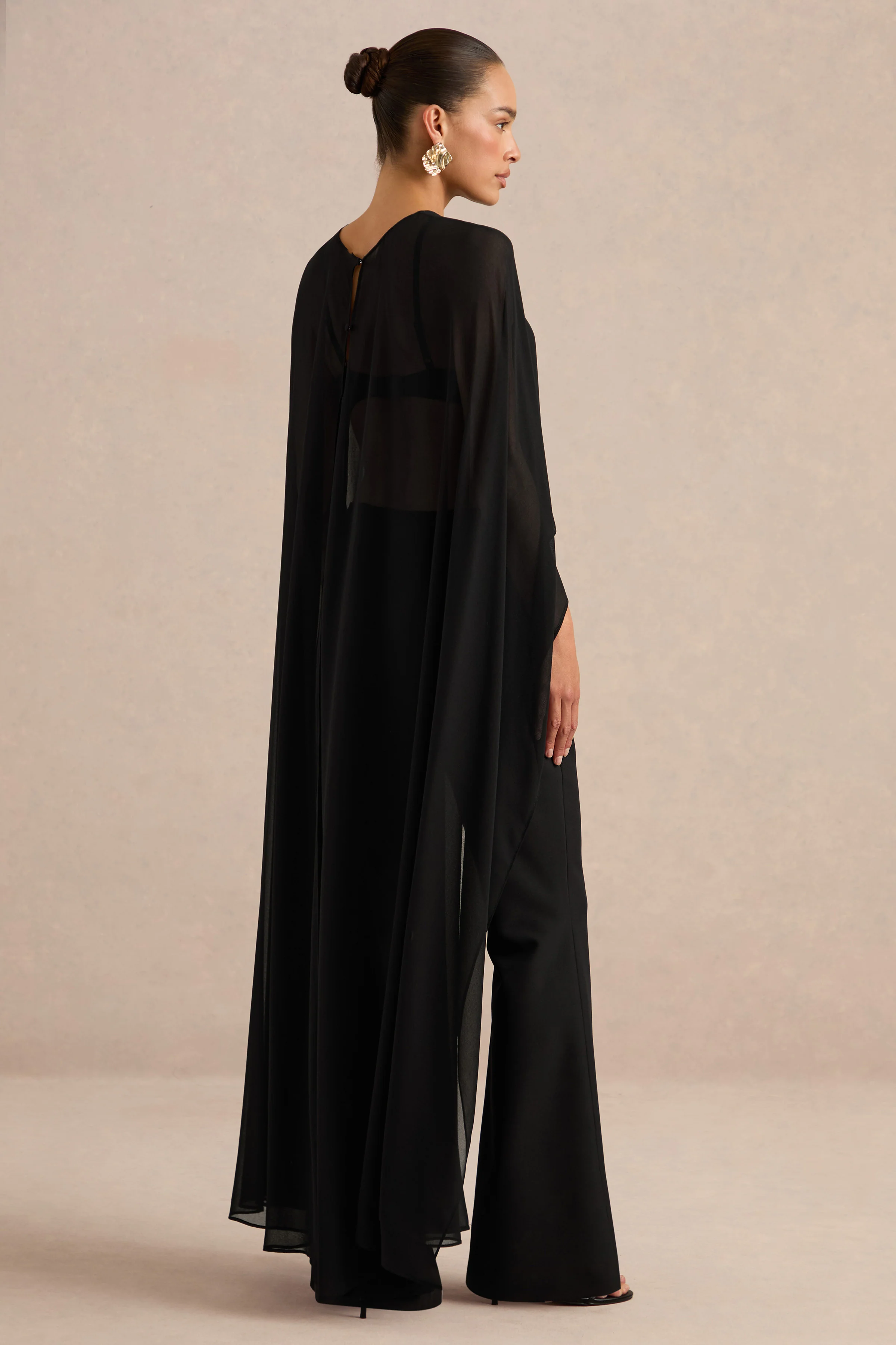 Yanina | Black Chiffon Round Neck Long Sleeve Cape Top