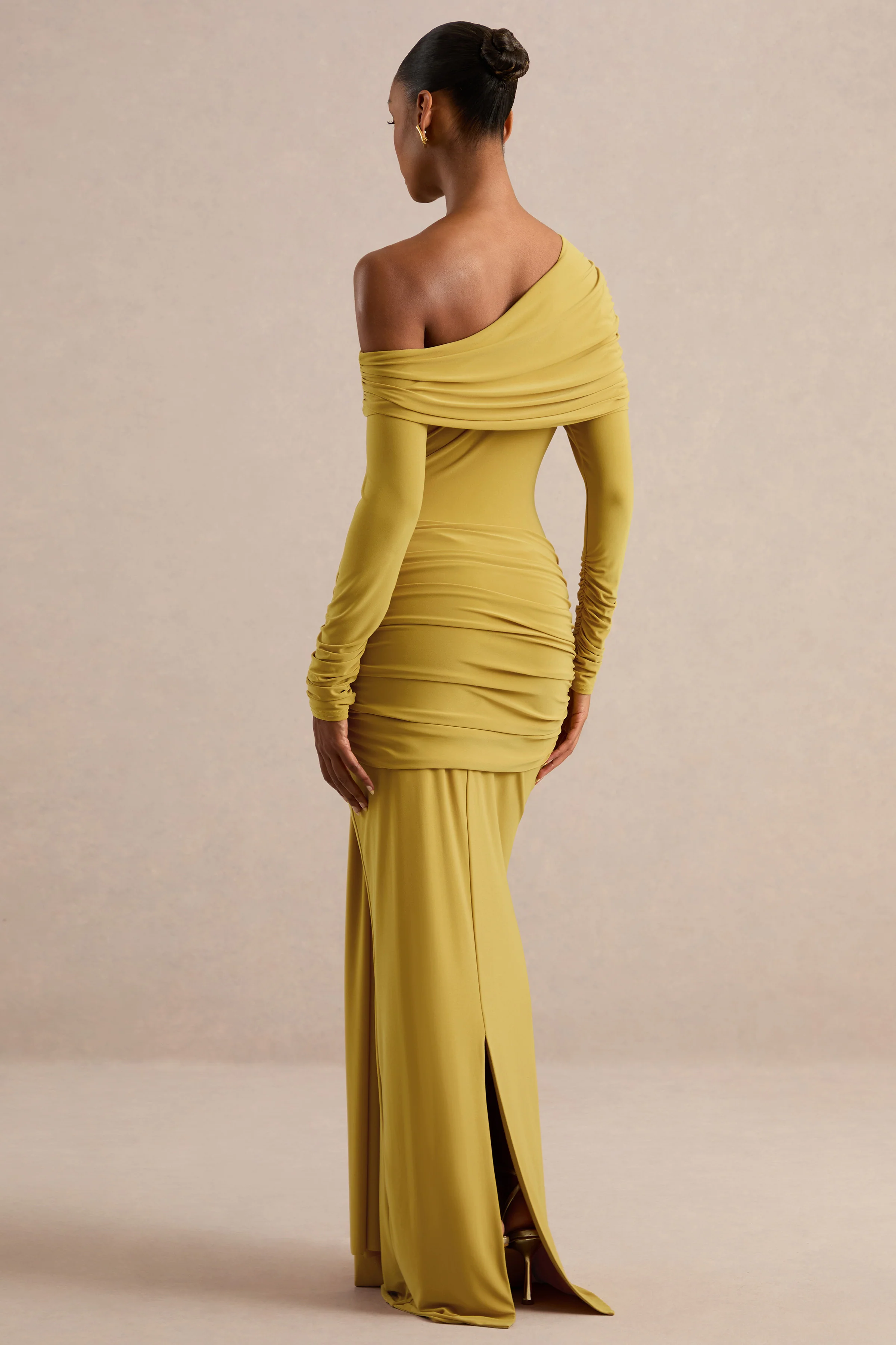 Avonlea | Mustard Jersey Ruched One Shoulder Long Sleeve Maxi Dress With Sash