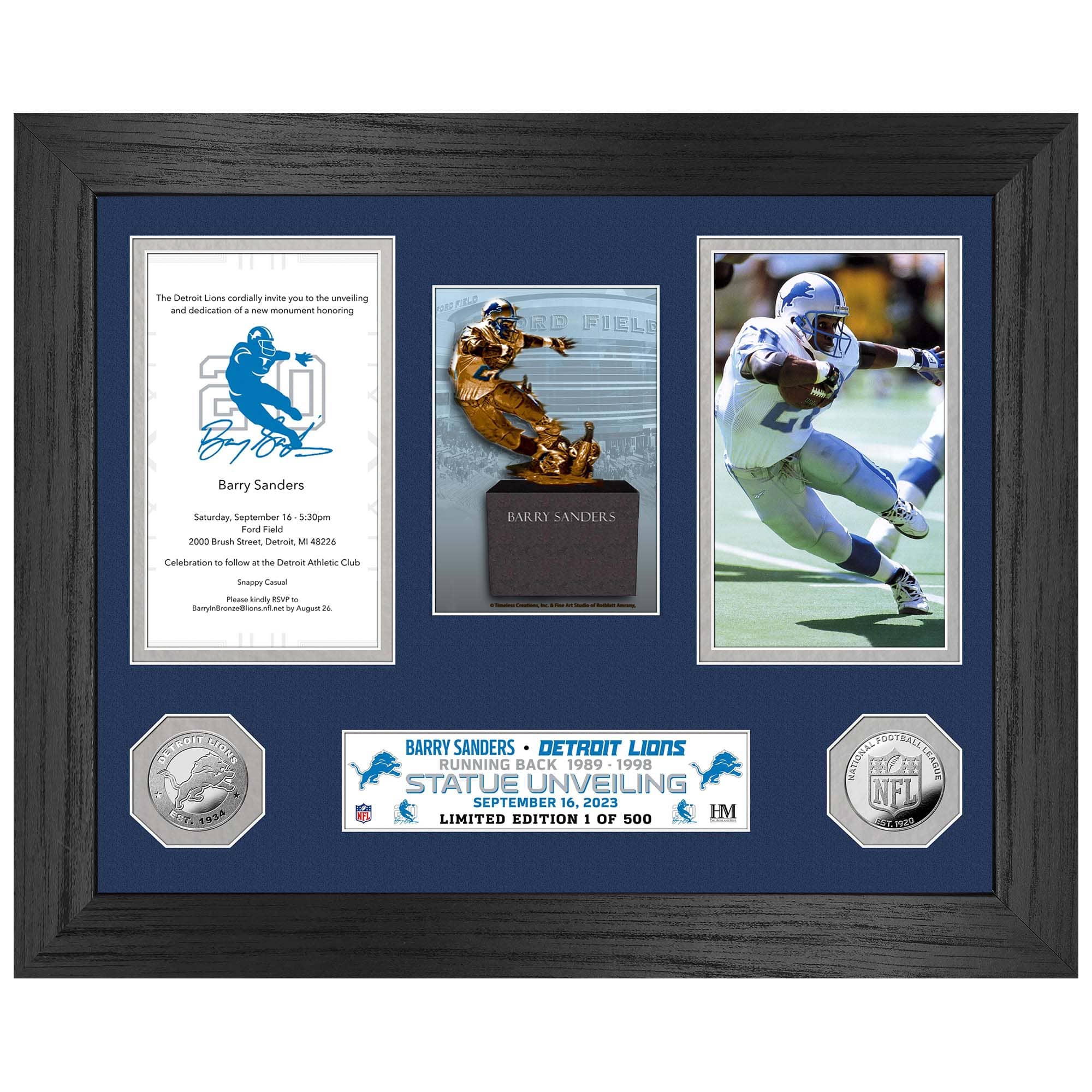 Barry Sanders Statue Unveiling Silver Coin Framed NFL Photo
