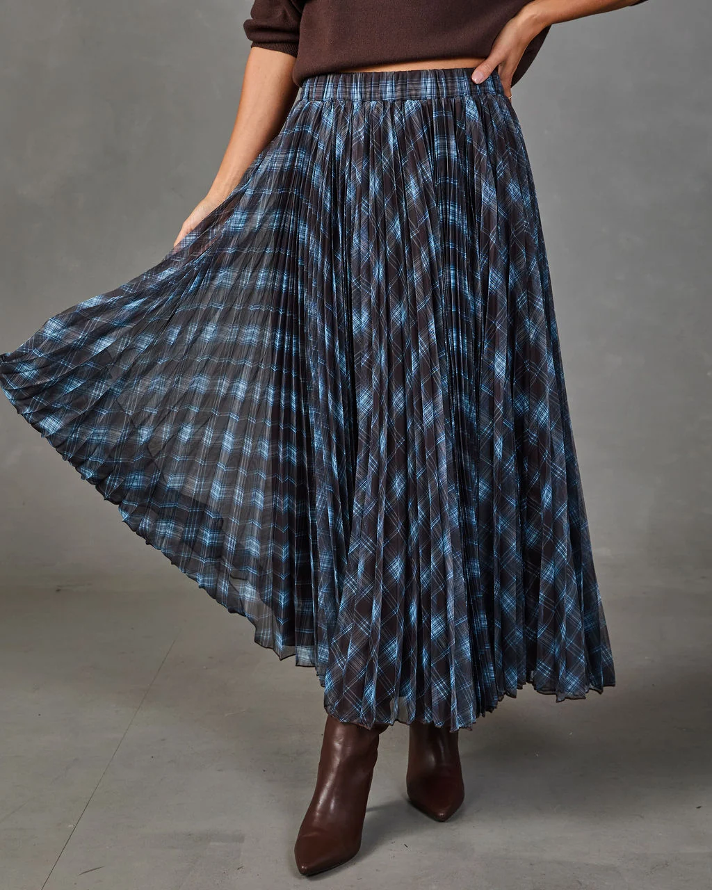Stephanie Pleated Plaid Midi Skirt
