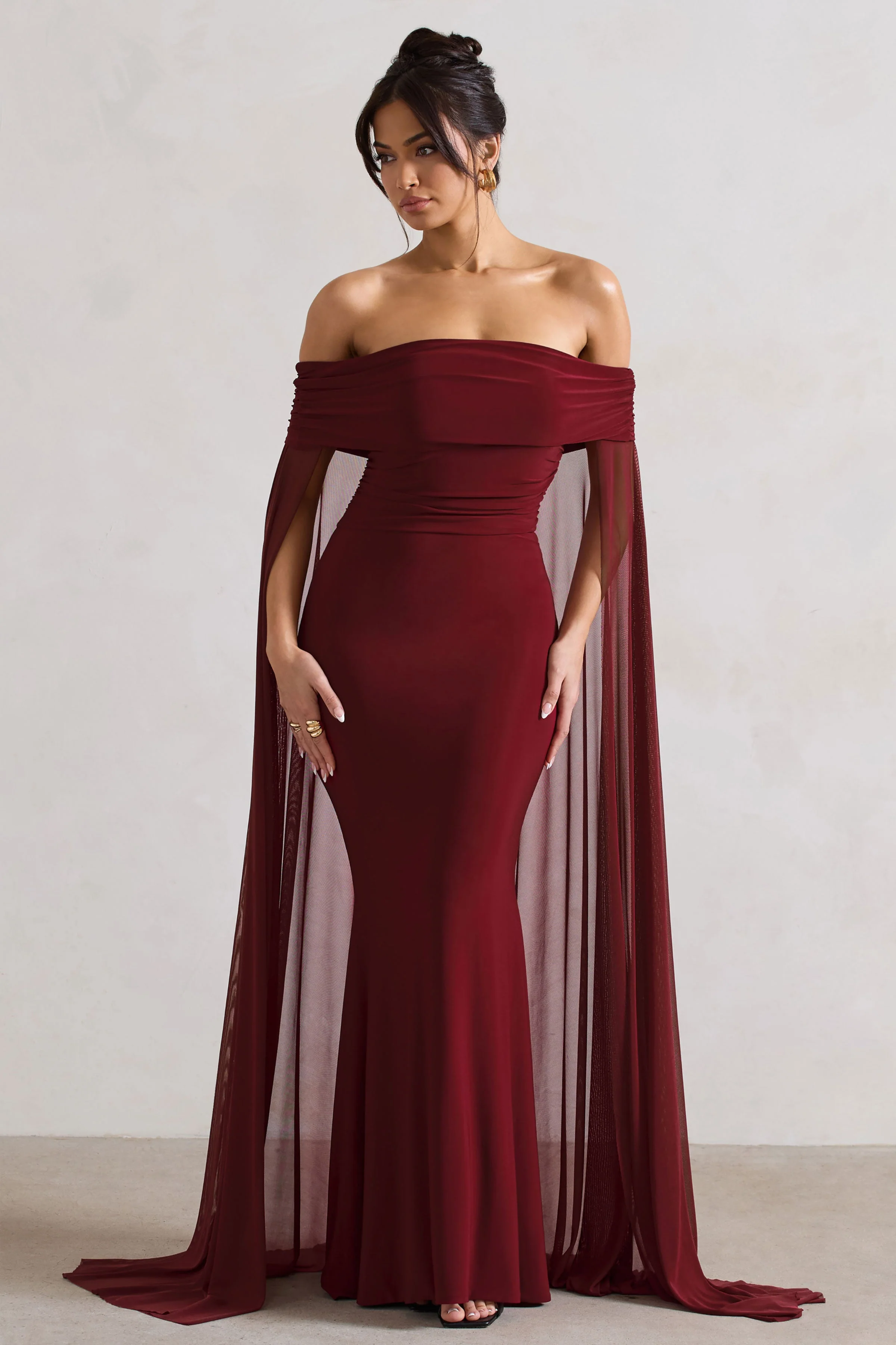 Carlotta | Berry Bardot Maxi Dress With Chiffon Cape