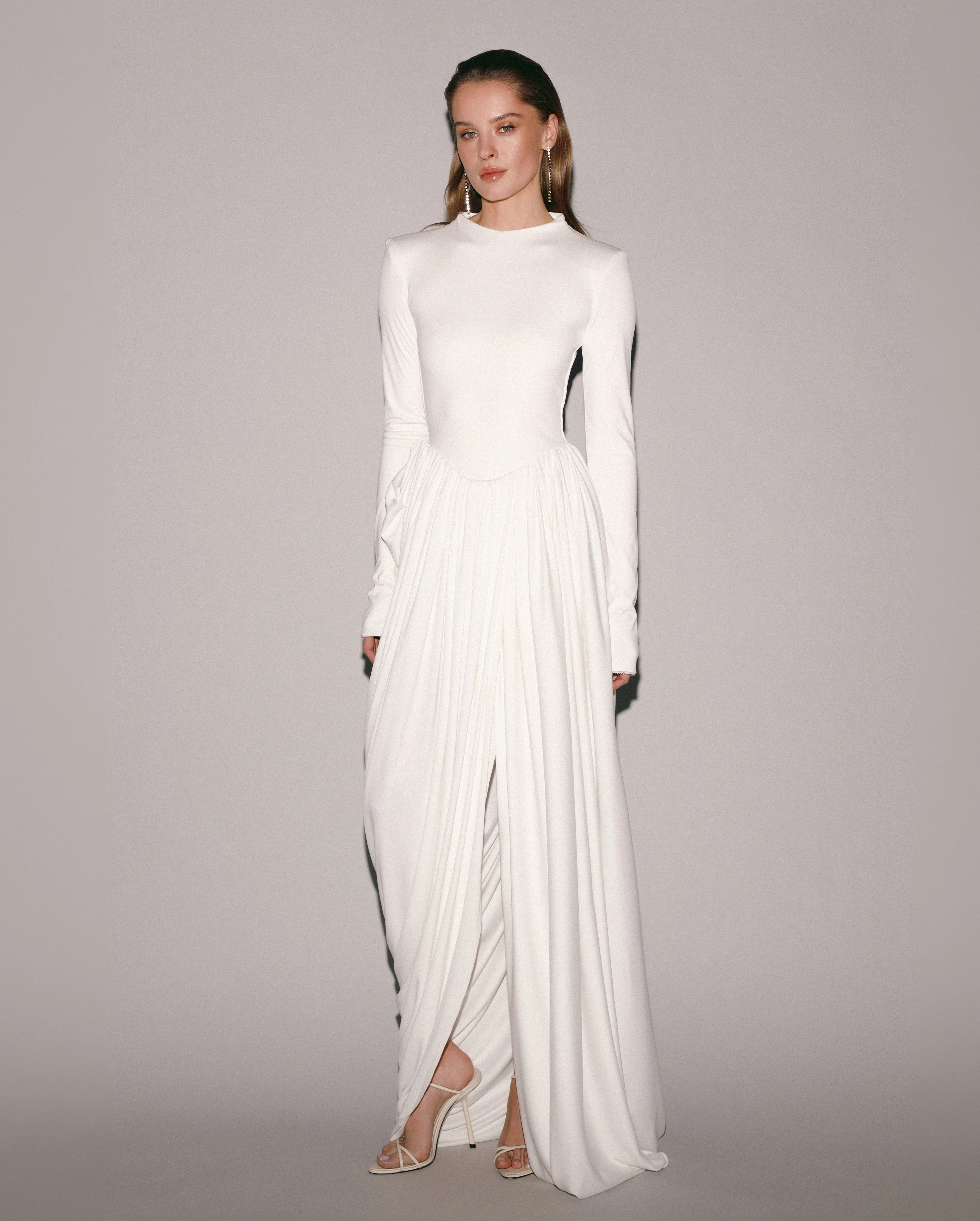 White Maxi Dress with Slit and Long Sleeves
