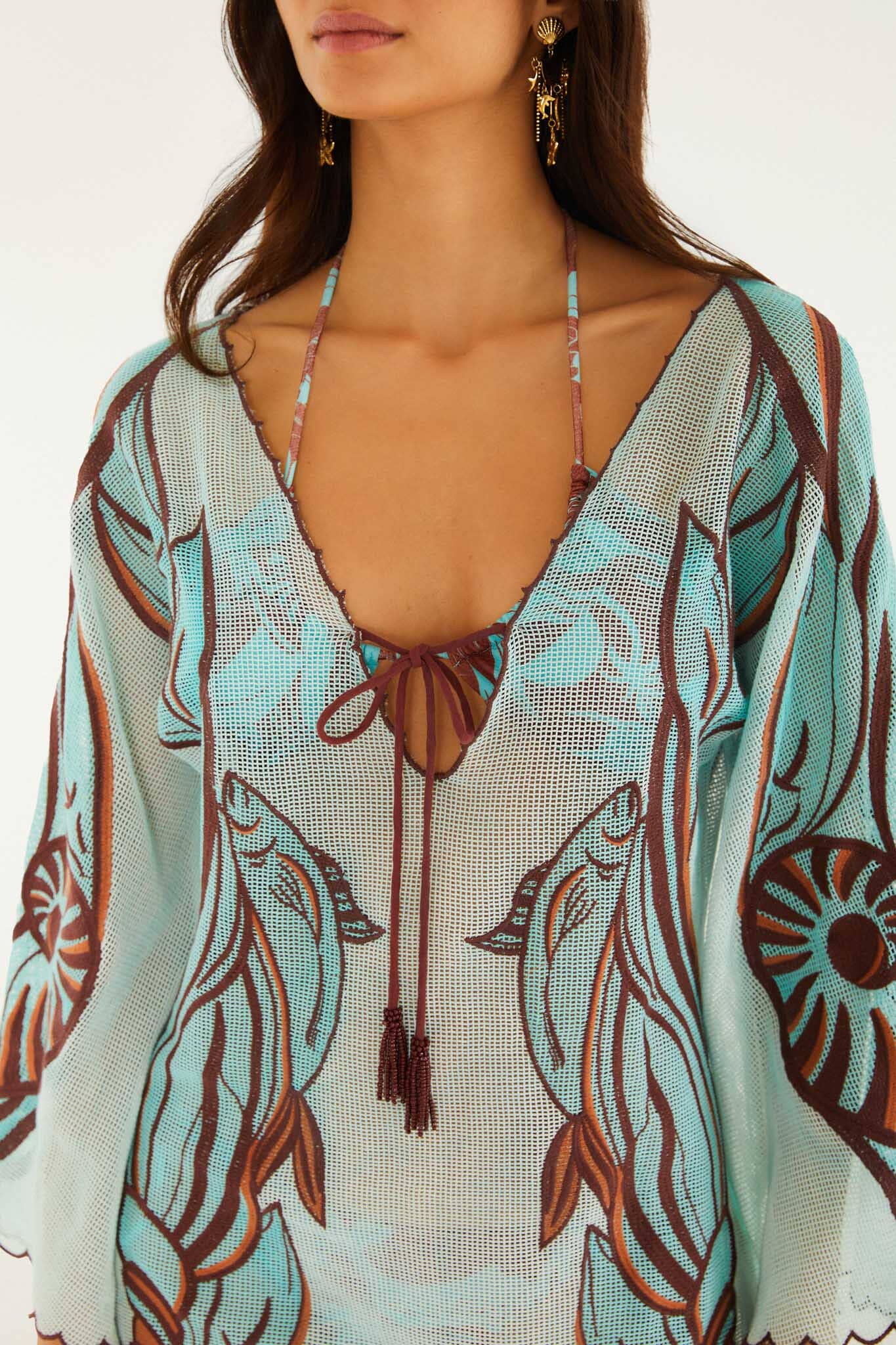 Blue Fish Net Embroidered Long Sleeve Mini Dress