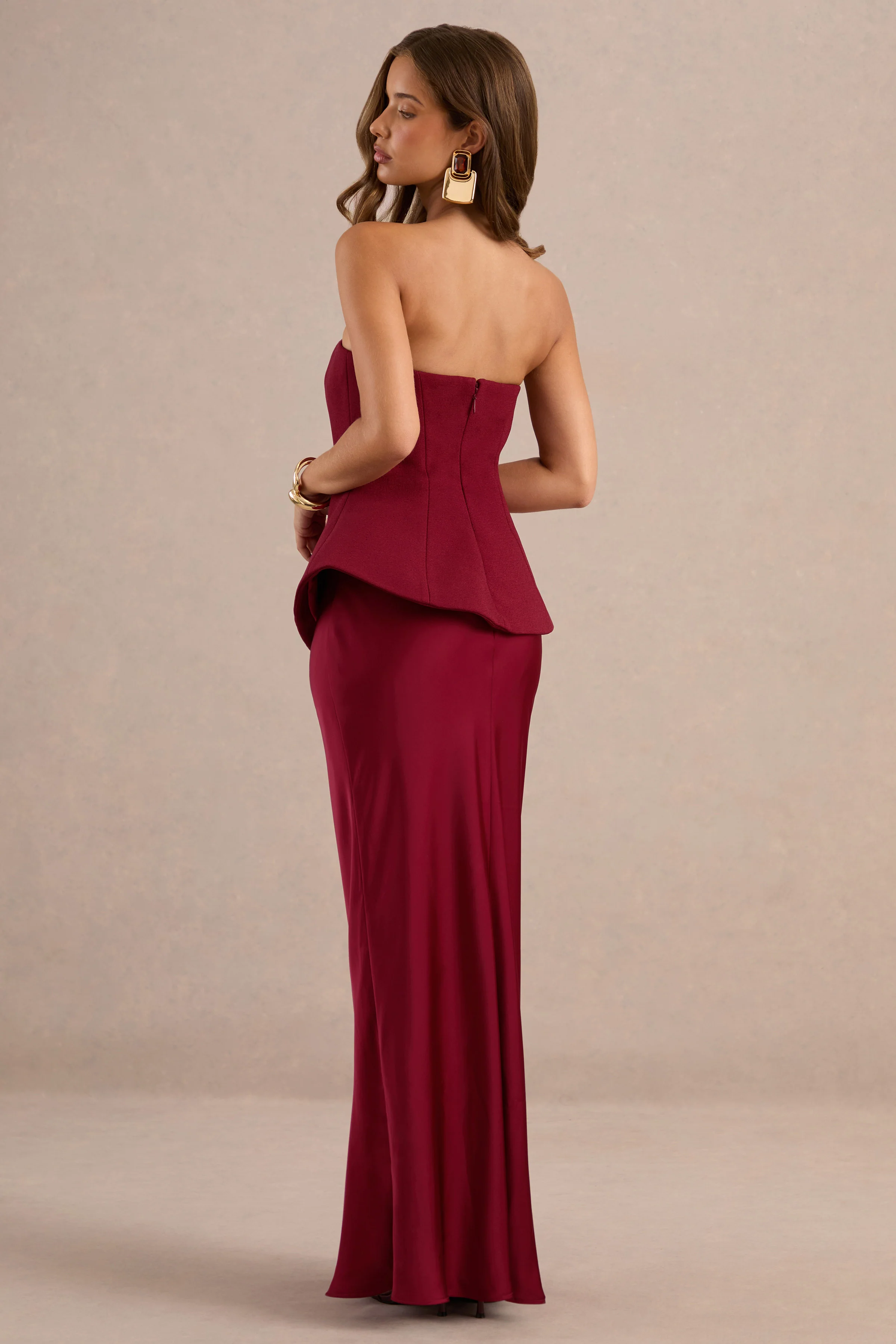 Ohio | Burgundy Bandeau Maxi Dress With Satin Skirt And Corset