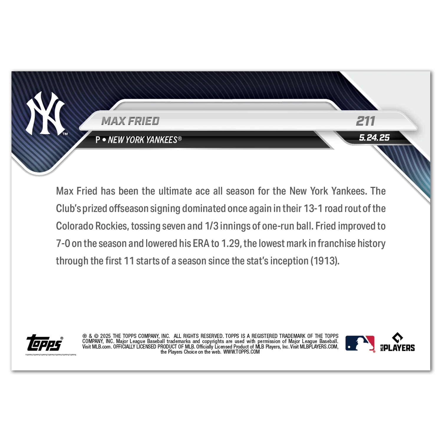 Max Fried - 2025 MLB Topps NOW® - Card 211