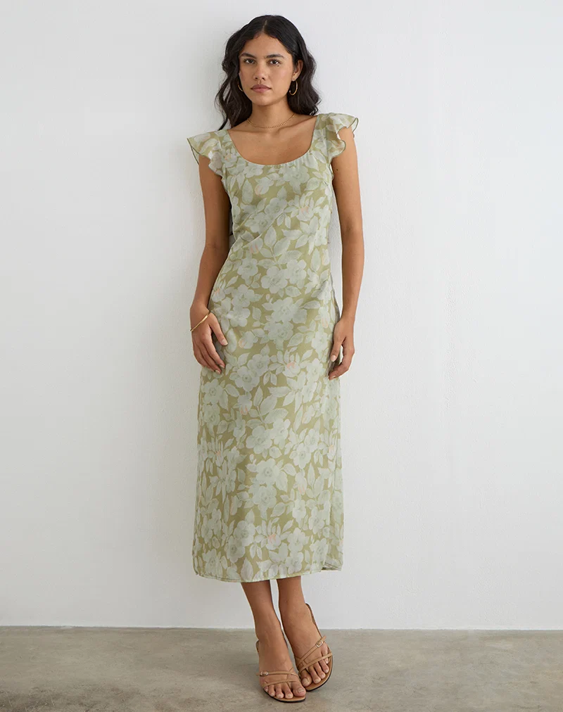 Risala Scoop Midi Dress in Pale Flower Green