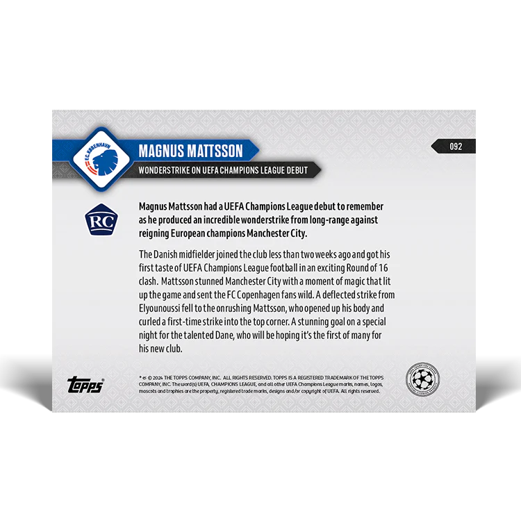 Topps UK - Magnus Mattsson - Wonderstrike on UEFA Champions League debut - UCL TOPPS NOW® Card #92