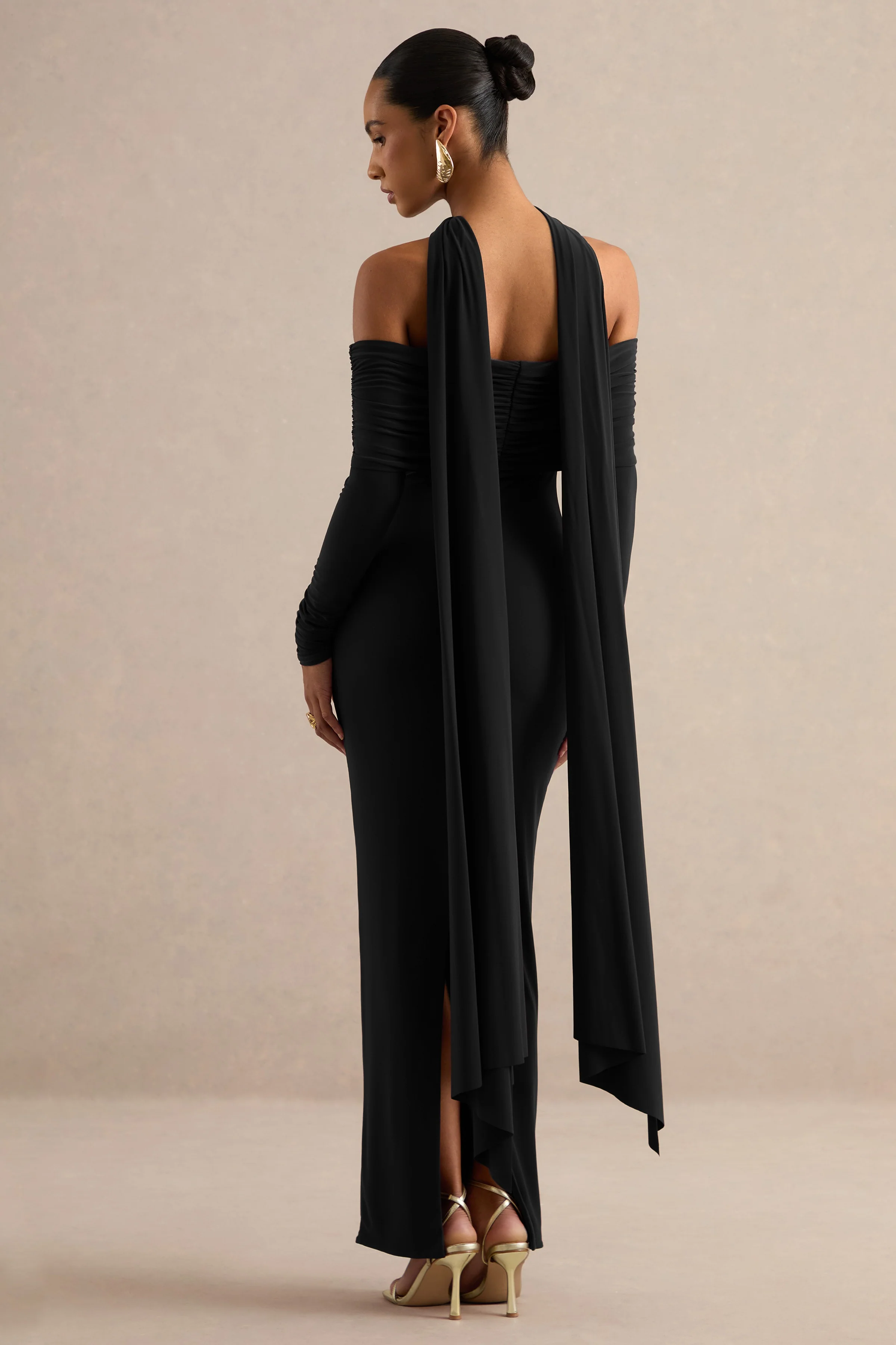 Julissa | Black Jersey Ruched Bardot Long Sleeve Maxi Dress With Scarf Detail And Split