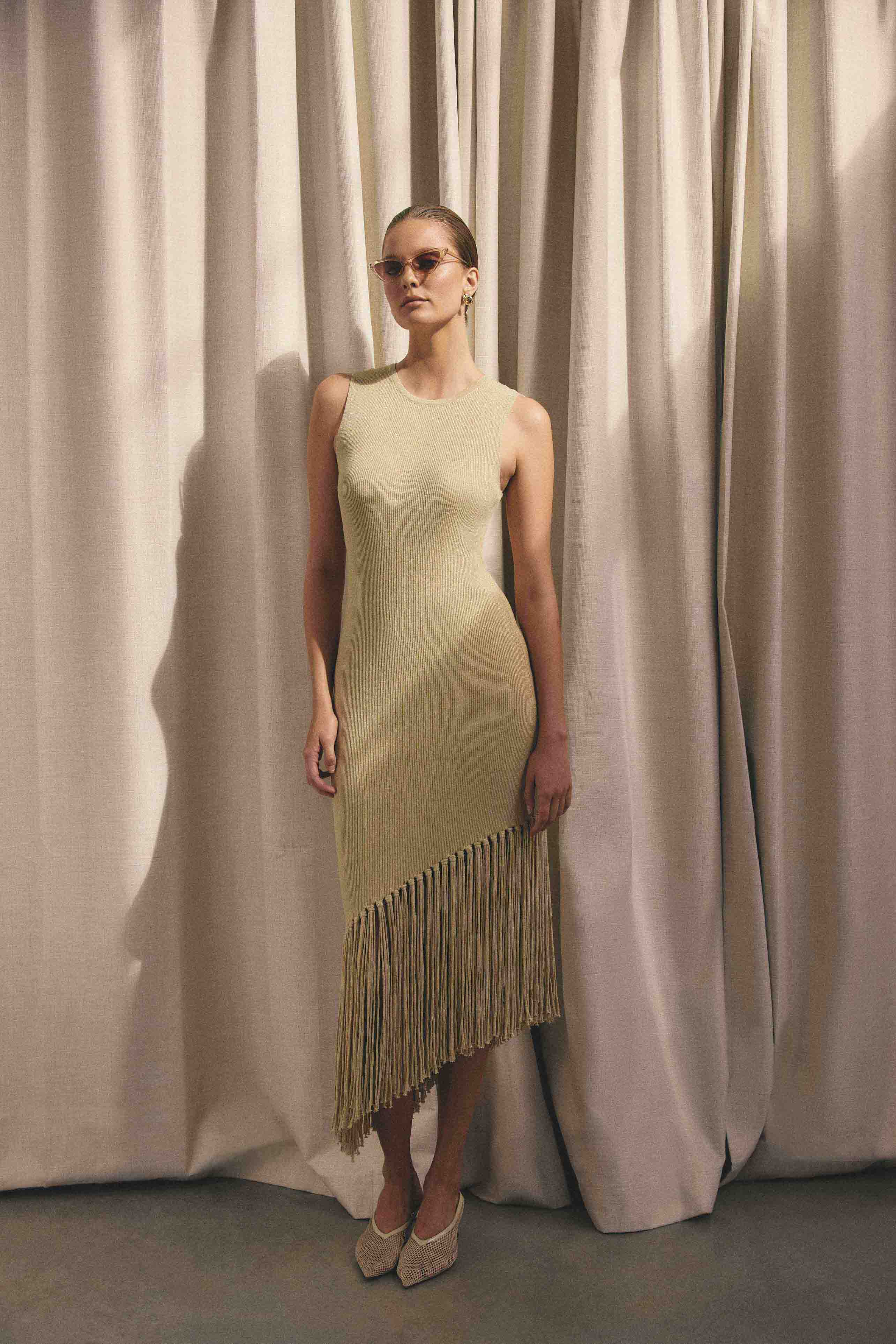 CURAAE Selah Asymmetrical Midi Dress in Beige