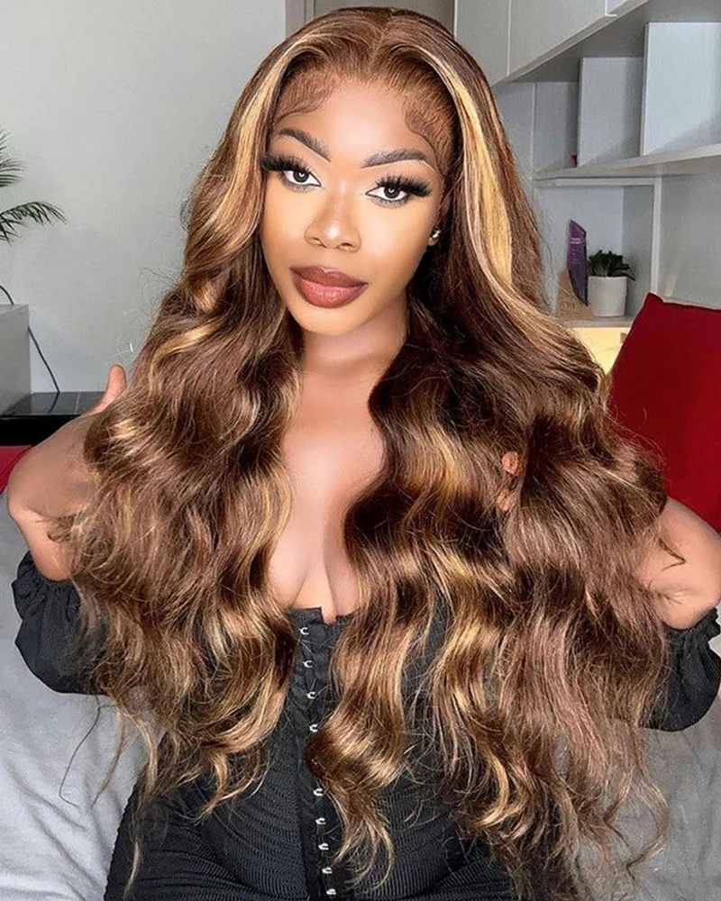 Ophirawig 13x4 Frontal Lace Honey Blonde Highlights On Brown Wig Body Wave Wig Invisible Knots Realistic Hairline